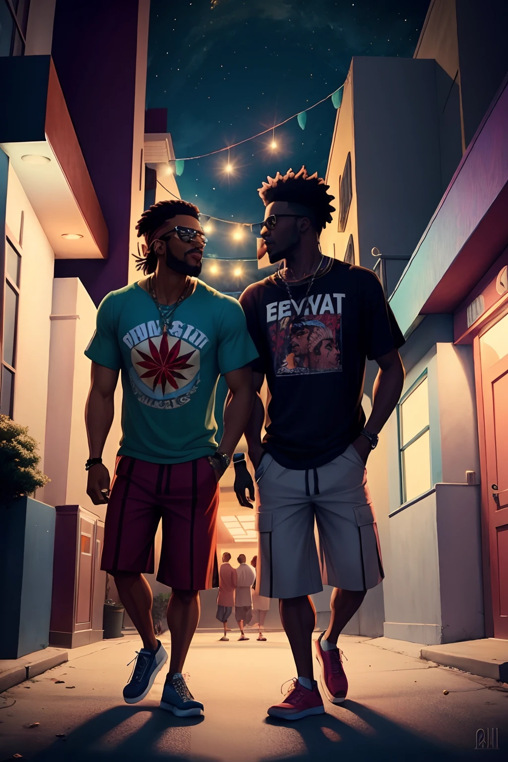 Two men walking down the Hood smoking weed themselves at night with the rest of the gang partying dancing and vibing surrounding eye catching animated cartoon focus and eell detailed