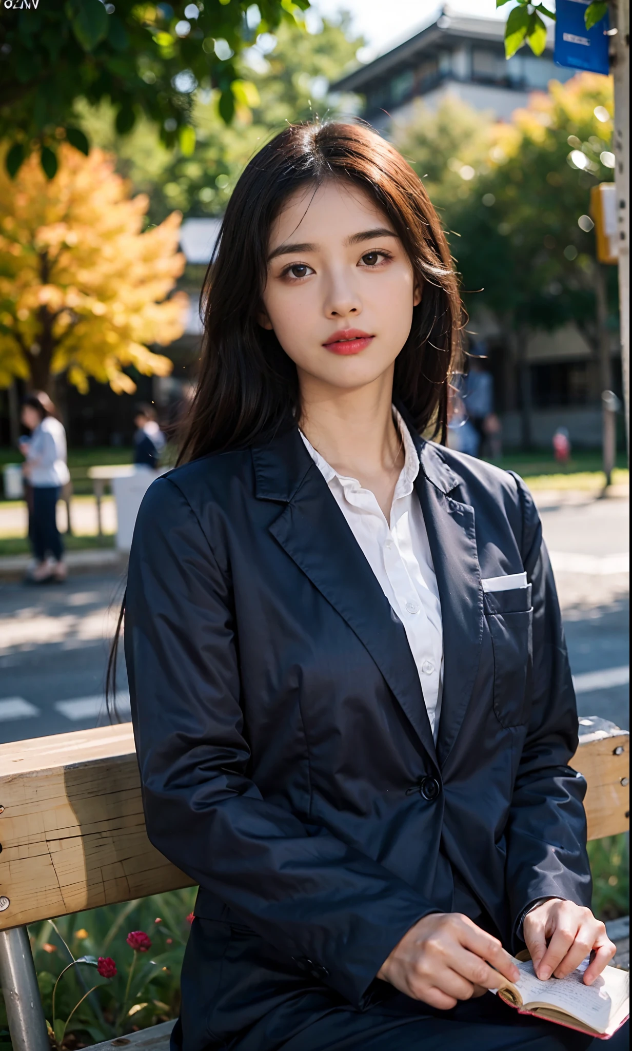 ulzang-6500-v1.1, (RAW photo:1.2), (Photorealistic:1.4), Beautiful detailed girl, Very detailed eyes and face, Beautiful detailed eyes, ridiculous, Incredibly Ridiculous res, hugefilesize, Super detailed, high resolution, Very detailed, Best quality, Masterpiece, kemomimi, ((Japanes girl' high school uniform)), illustration, Very detailed, CG, unified, 8K wallpaper, Amazing, Fine details, Masterpiece, Best quality, Very detailed CG uniform 8k wallpaper, light in face, 1girll, The girl holds a book in her hand, Girl reading on park bench,Flowers