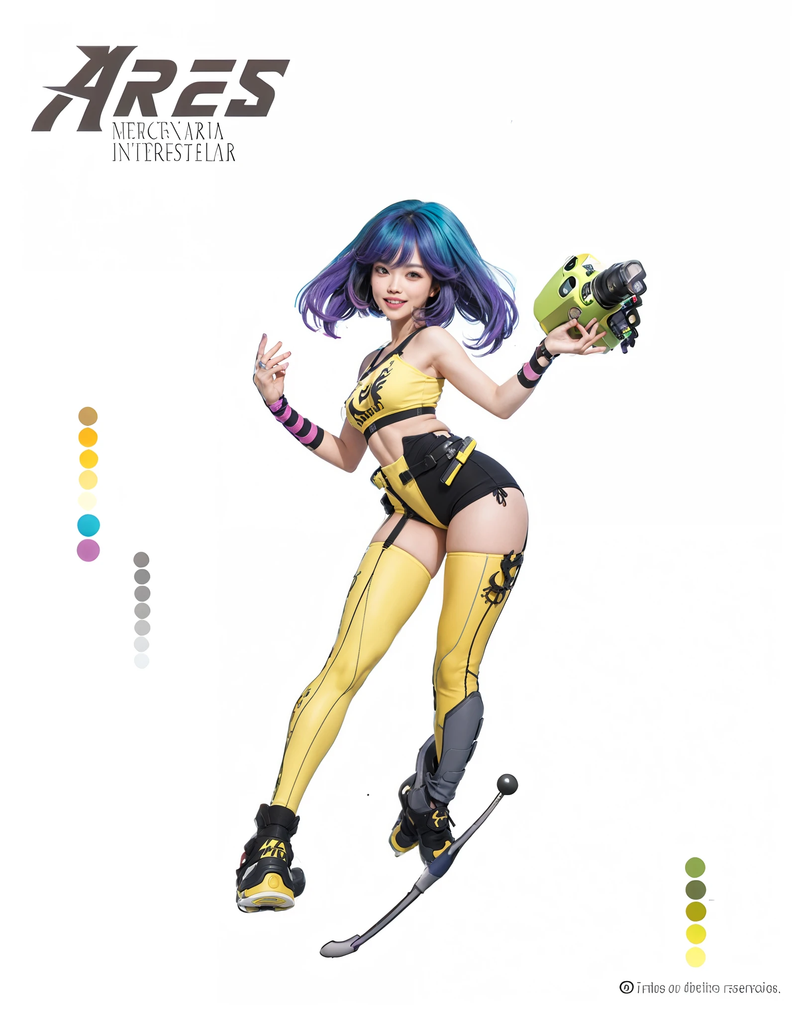 32k(tmasterpiece,K HD | |,hiper HD/cabelo detalhado, menina android,Dragon Protector (realista:1.4),traje amarelo e preto,cabelo roxo-rosa,The background is pure, A high resolution, O detalhe, Foto RAW, sharp re, Nikon D850 Film Stock Photo by Jefferies Lee 4 Kodak Portra 400 F1 Camera.6 tiros, cores ricas, Vivid ultra-realistic textures, dramatic lighting, Unreal Trend Engine Art Station, Cinestir 800, corpo inteiro:1.5, sorriso labios bonitos, estilo RPG geshim impact
