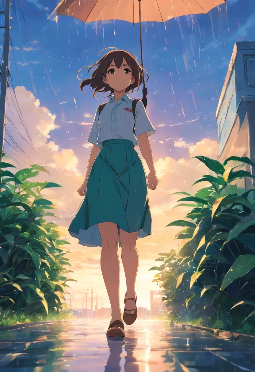 Sky after rain,A plant,Kizi,cheerfulness,long skirt