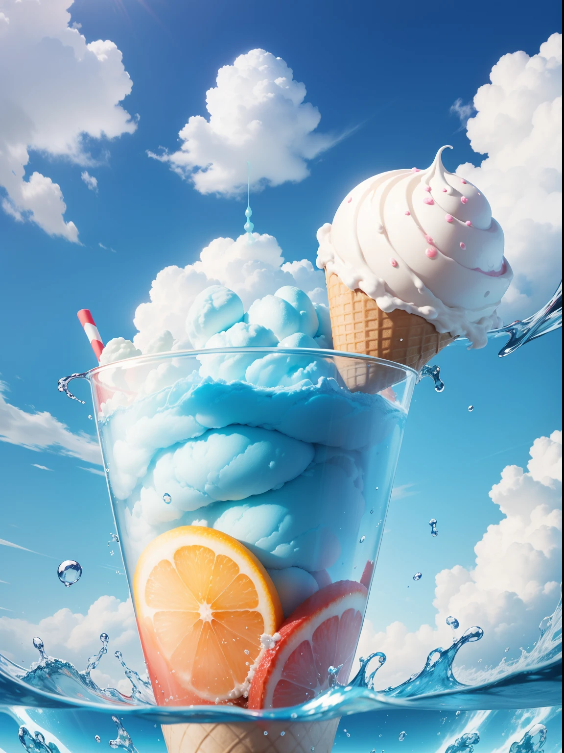 gogo,icecream,the fruits,ice cubes,Splashing water,with blue sky and white clouds