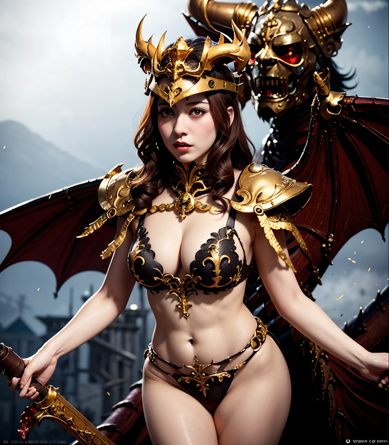 Professional , masterpiece、top-quality、photos realistic , depth of fields 、(Fight the Dragon Knight with the Dragon Mask),(Dragon Black Metal Body:1.4),(Matte Black、(cleavage of the breast)、(Fight dragons)、(Seductive look)、Dragon Gold Weapon、Mystical expression、(bikini-armor),Gorgeous gold weapons ,(( Dragon's dense and gorgeous sword)) , Beautiful knife ,warhammer 40k , adepta sororitas,Detail and gorgeous crown、((Golden hair))、(Castle background)、The dragon、((Gangle's forest background))、Beautiful Caucasian beauty、(1a person)、dynamic ungle,(((Detailed and ornate dragon helmet)))、Smaller head、Castle background、Thin and beautiful female hands、cleavage of the breast、Soldier in iron armor on background、Mystical expression、Light Effects、intense fighting、Wind-effect、magic circles、With the legendary magic wand、(demonic wings)、Toostock、