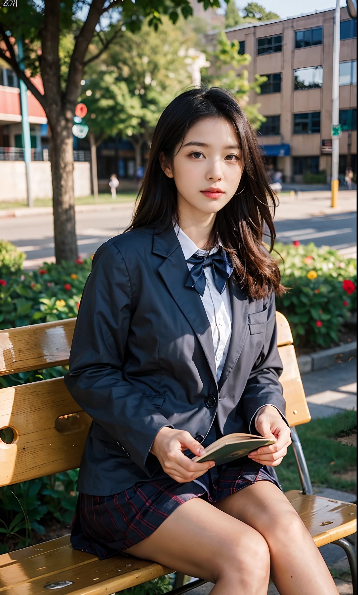 ulzang-6500-v1.1, (RAW photo:1.2), (Photorealistic:1.4), Beautiful detailed girl, Very detailed eyes and face, Beautiful detailed eyes, ridiculous, Incredibly Ridiculous res, hugefilesize, Super detailed, high resolution, Very detailed, Best quality, Masterpiece, kemomimi, ((Japanes girl' high school uniform)), illustration, Very detailed, CG, unified, 8K wallpaper, Amazing, Fine details, Masterpiece, Best quality, Very detailed CG uniform 8k wallpaper, light in face, 1girll, The girl holds a book in her hand, Girl reading on park bench,Flowers