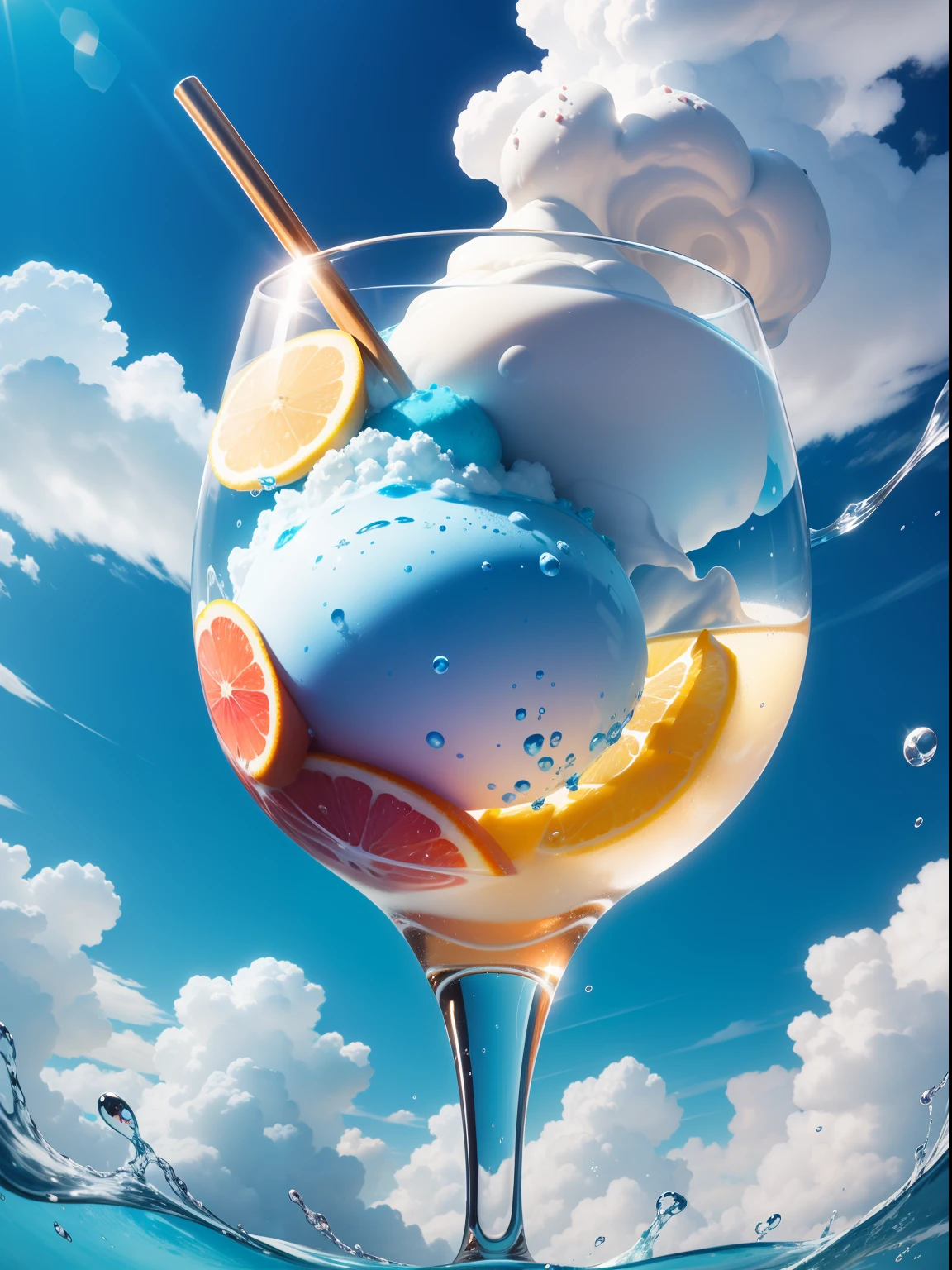 goblet,icecream,the fruits,ice cubes,Splashing water,with blue sky and white clouds
