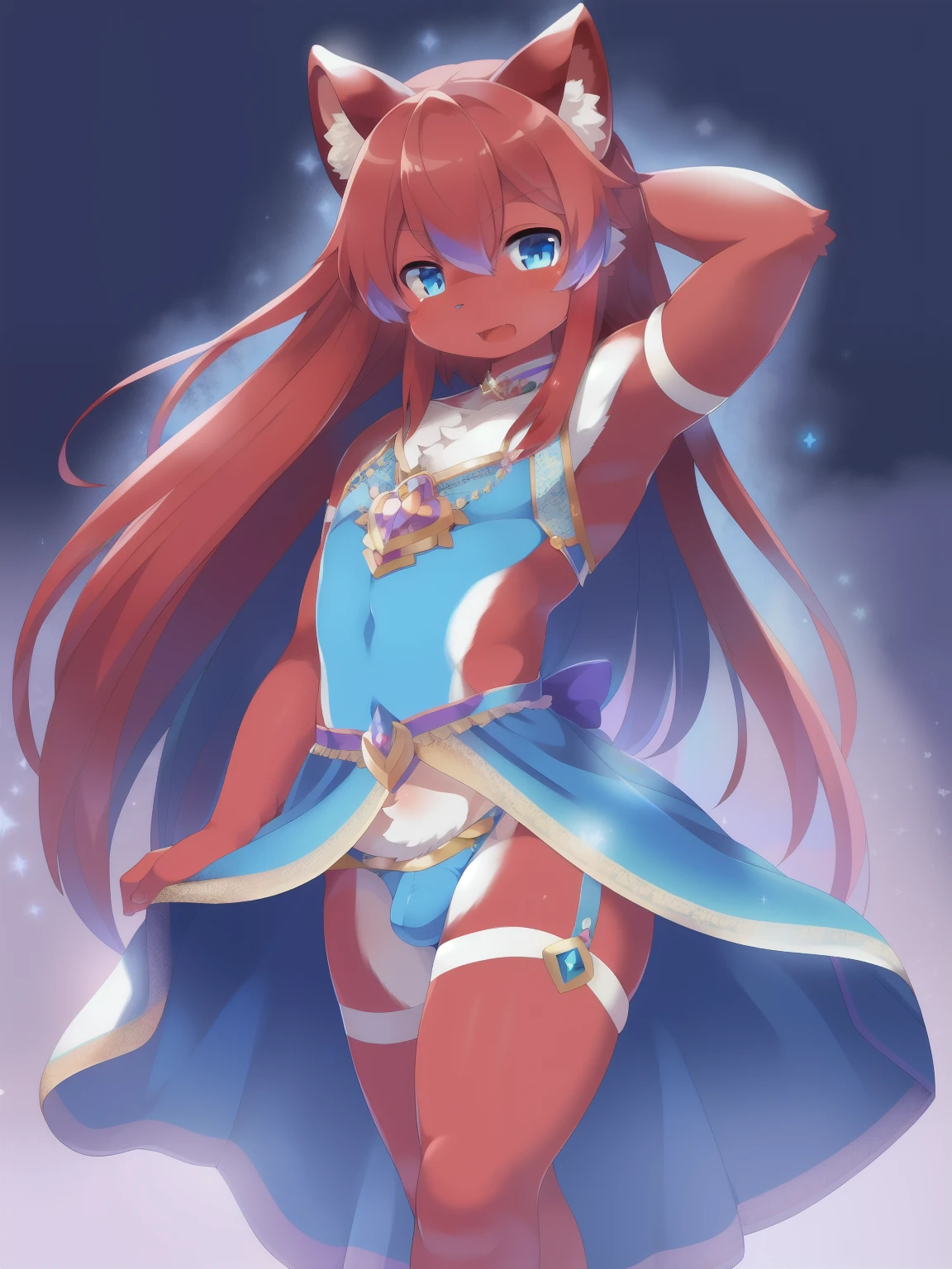 masterpiece, soft shading, 1boy, Furry, kemono, furry cat, anthropomorphic, male, red fur, red skin, blue eyes, magical girl theme, long hair, revealing clothes, magical girl outfit, blue magical girl dress, femboy, sexy pose, uploaded on e621,