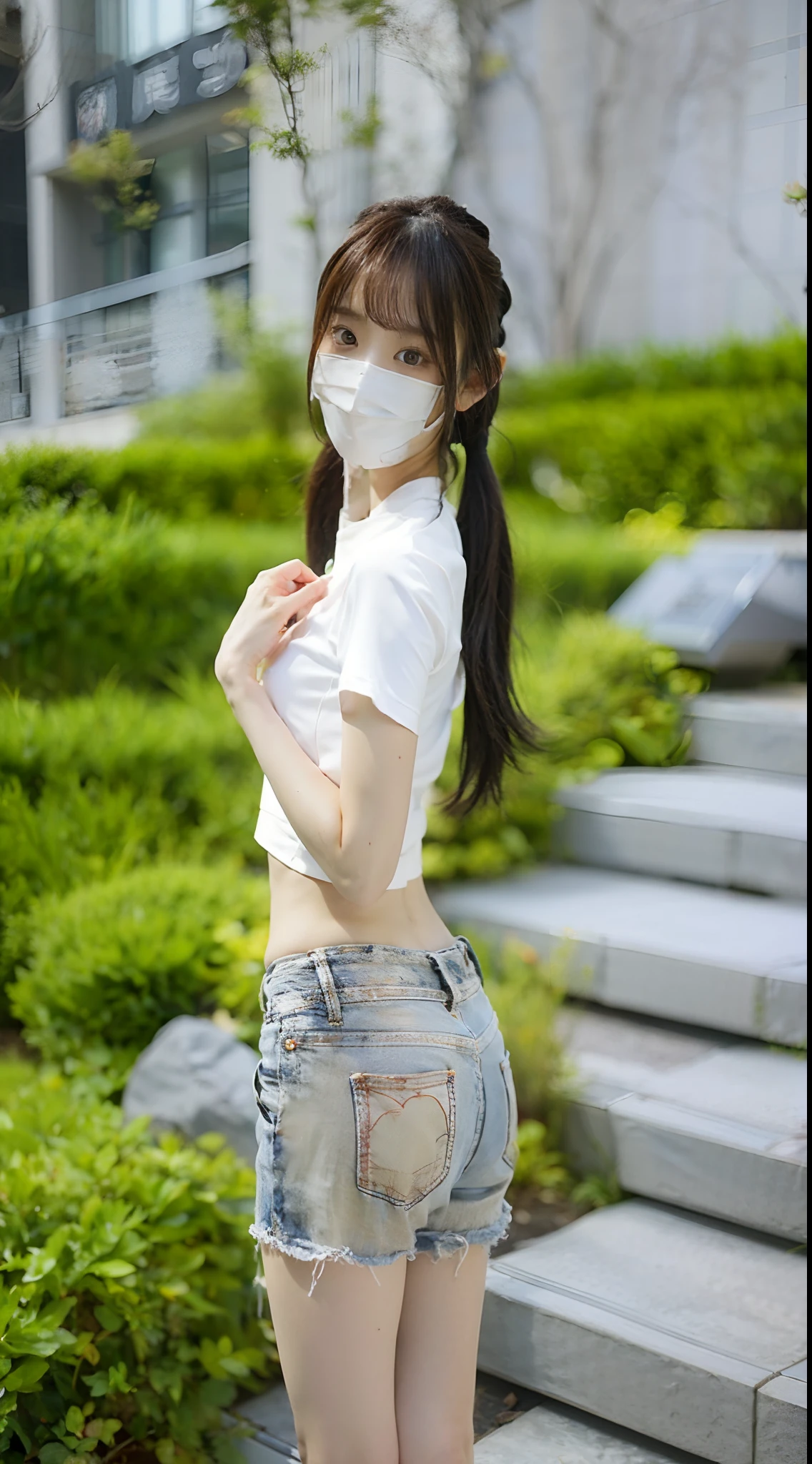 Asian girl,Do not wear masks, Korean girl, Chinese girl, photo of slim girl model, waist - shot, smooth white tight clothes suit, Young skinny gravure idol, trending at cgstation, beautiful Korean women, photo of slim girl, Student, open waist，no underwares，big assa，Transparent top，Double ponytail hair girl，Outdoors