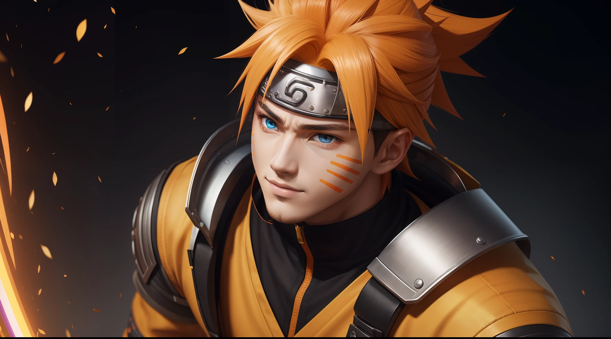 "Cheerful Naruto 20 years old is a real masterpiece with masculine beauty, perfect anatomy. Olpntng style, colorful rainbow, golden samurai outfit, clean design, epic Instagram, artstation, full streaks of paint, circles, contours. When you look at him Beautiful eyes you will clearly see every small detail and perfect line, every detail on the skin is beautiful in 8K quality everyone. We will be captivated by the confidence radiating from every look. His head has orange hair and his face is meticulously drawn in every detail with 8K image quality."
