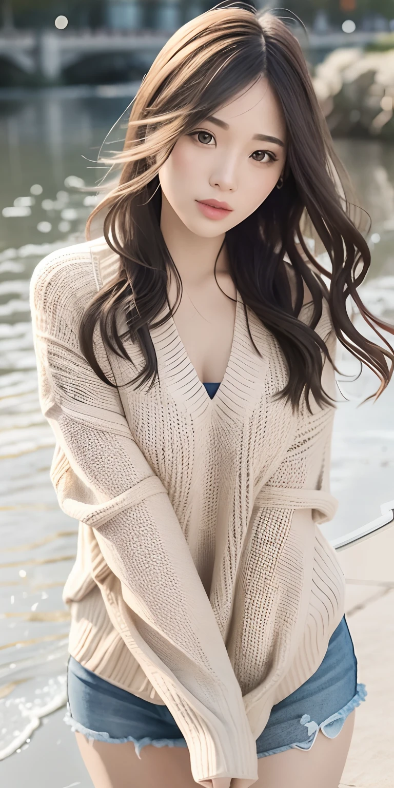 1girl walking on the river, mix4, sweater, pillow, lips, open_mouth, realistic, photo_\(medium\), solo, stuffed_animal, stuffed_toy, teddy_bear,(masterpiece),(photorealistic:1.3), ultra-detailed, (high detailed skin:1.2),(best quality:1.0), (ultra highres:1.0), (ulzzang-6500:0.3), wavy detailed hair, long hair, sunshine, (beautiful detailed makeup), (sexually aroused blushing heavy breathing:1.0), floral theme flower petals scattered, (soft glow bloom:0.5)