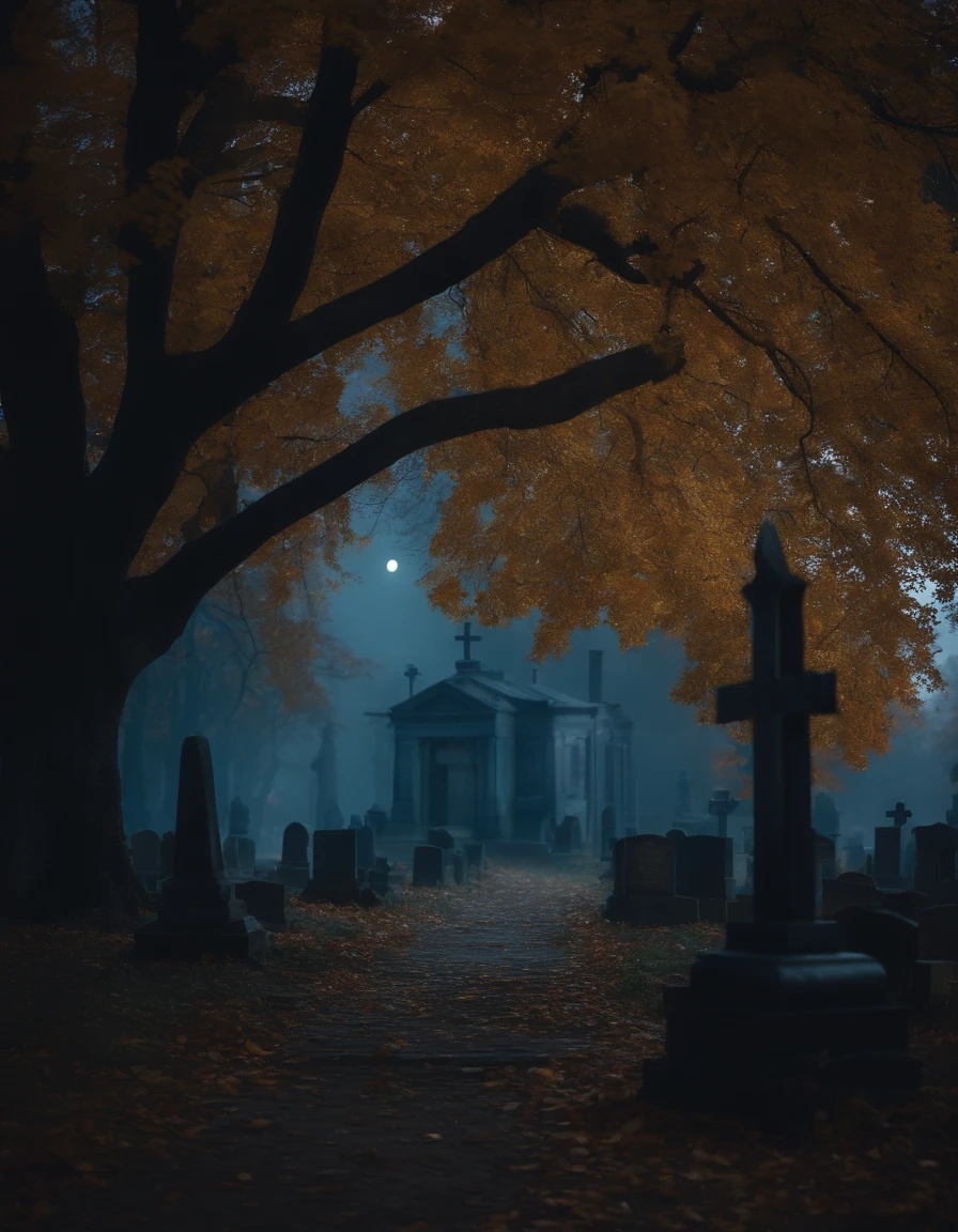 realistic, spooky graveyard, blue moonlight , autumn, old trees, paths, old buildings