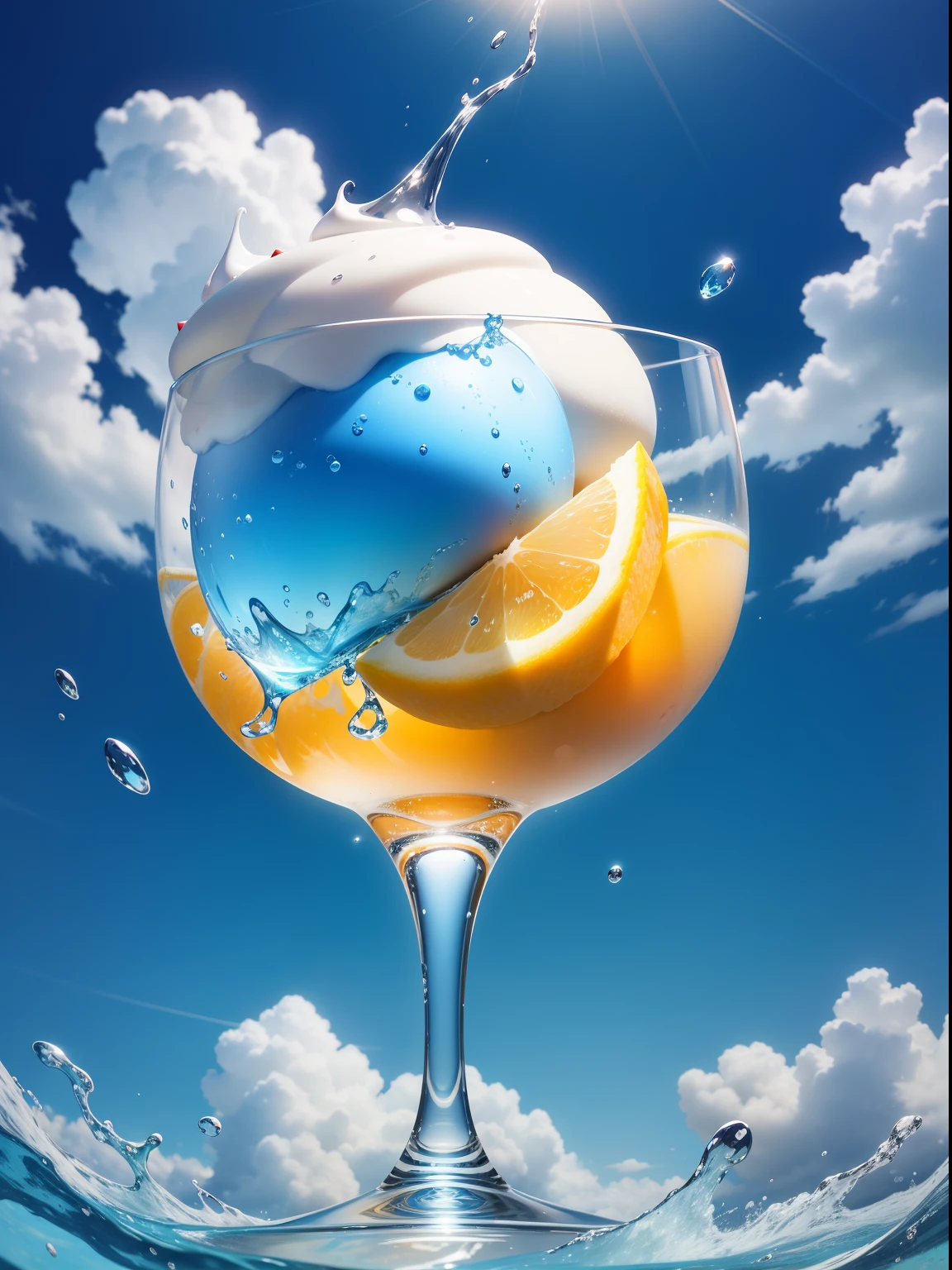 goblet，icecream，the fruits，ice cubes，Splashing water，with blue sky and white clouds
