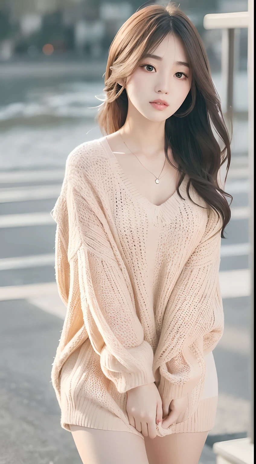 1girl walking on the river, mix4, sweater, pillow, lips, open_mouth, realistic, photo_\(medium\), solo, stuffed_animal, stuffed_toy, teddy_bear, (masterpiece), (realism: 1.3), super detailed, (High detail skin: 1.2), (Best quality: 1.0), (Ultra resolution: 1.0), (ULZZANG-6500: 0.3), wavy detail hair, long hair, sunshine, (beautiful detail makeup), (sexually aroused blush, heavy breath: 1.0), floral theme petals scattered, (soft light bloom: 0.5)