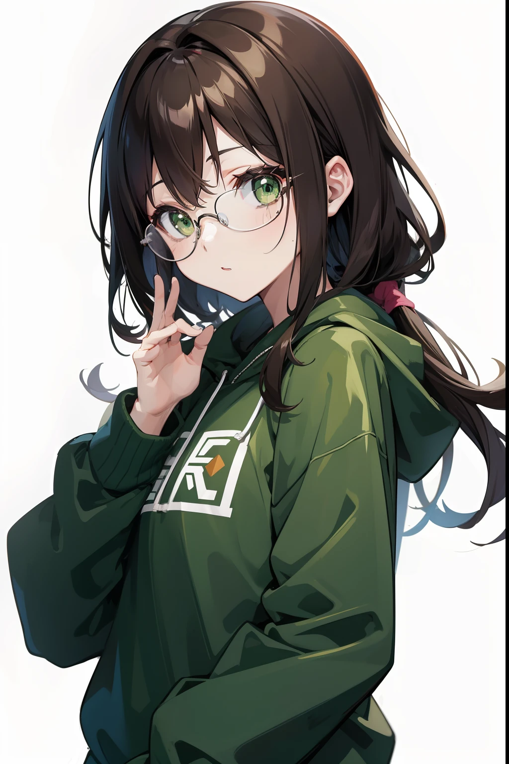Anime Girl Dark Brown Hair Green Eyes with Glasses and Sweatshirt