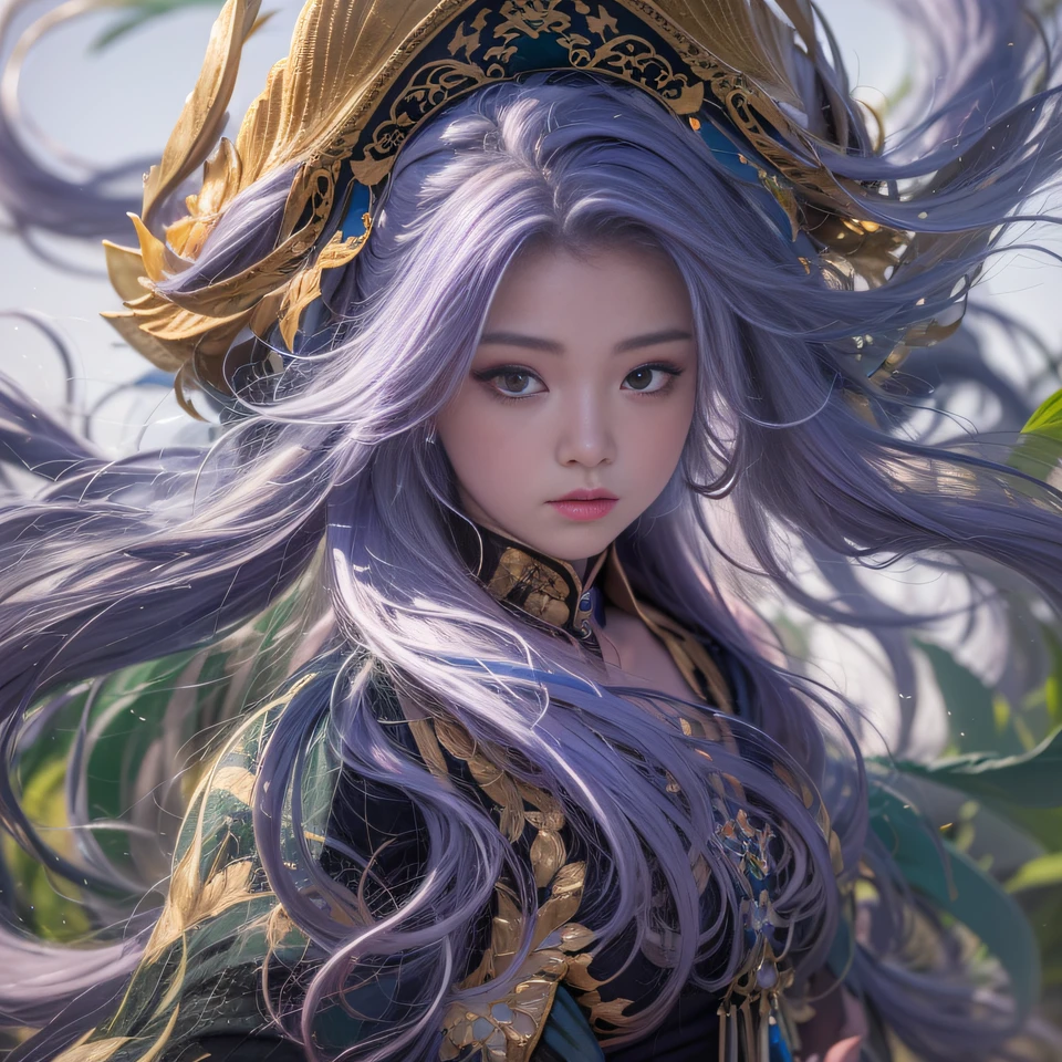 32K(tmasterpiece,k hd,hyper HD,32K)Long flowing bright purple hair,Autumn Pond,zydink, a color, Asian people (Silly girl), (Silk scarf), Combat posture, looking at the ground, long whitr hair, Floating bright purple, Fire cloud pattern gold tiara, Chinese long-sleeved gold silk garment, (abstract ink splash:1.2), white backgrounid,Lotus protector(realisticlying:1.4),Bright purple hair,Smoke on the road,The background is pure, A high resolution, the detail, RAW photogr, Sharp Re, Nikon D850 Film Stock Photo by Jefferies Lee 4 Kodak Portra 400 Camera F1.6 shots, Rich colors, ultra-realistic vivid textures, Dramatic lighting, Unreal Engine Art Station Trend, cinestir 800,Long flowing bright purple hair