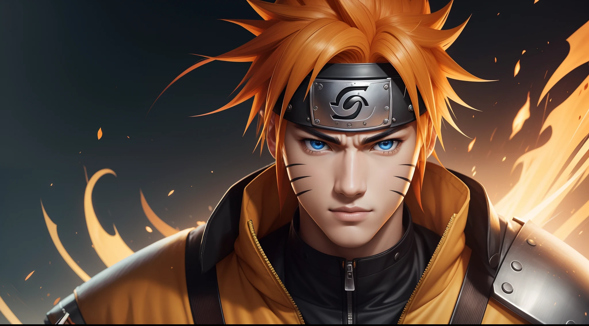 "Cheerful Naruto 20 years old is a real masterpiece with masculine beauty, perfect anatomy. Olpntng style, colorful rainbow, golden samurai outfit, clean design, epic Instagram, artstation, full streaks of paint, circles, contours. When you look at him Beautiful eyes you will clearly see every small detail and perfect line, every detail on the skin is beautiful in 8K quality everyone. We will be captivated by the confidence radiating from every look. His head has orange hair and his face is meticulously drawn in every detail with 8K image quality."