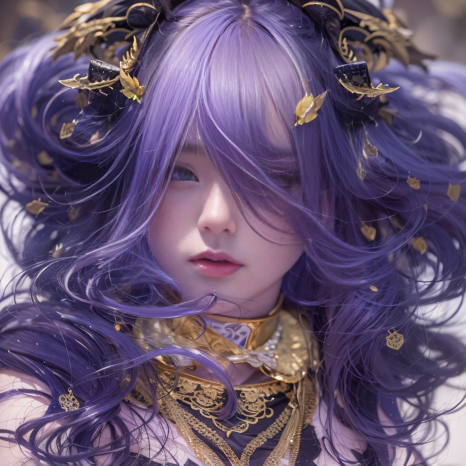 32K（tmasterpiece，k hd，hyper HD，32K）Long flowing bright purple hair，Autumn Pond，zydink， a color， Asian people （Silly girl）， （Silk scarf）， Combat posture， looking at the ground， long whitr hair， Floating bright purple， Fire cloud pattern gold tiara， Chinese long-sleeved gold silk garment， （abstract ink splash：1.2）， white backgrounid，Lotus protector（realisticlying：1.4），Bright purple hair，Smoke on the road，The background is pure， A high resolution， the detail， RAW photogr， Sharp Re， Nikon D850 Film Stock Photo by Jefferies Lee 4 Kodak Portra 400 Camera F1.6 shots, Rich colors, ultra-realistic vivid textures, Dramatic lighting, Unreal Engine Art Station Trend, cinestir 800，Long flowing bright purple hair