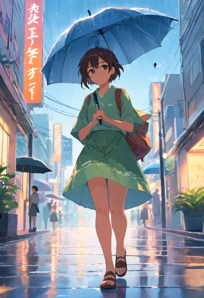 Sky after rain，A plant，Umbrella girl，cheerfulness，long  skirt