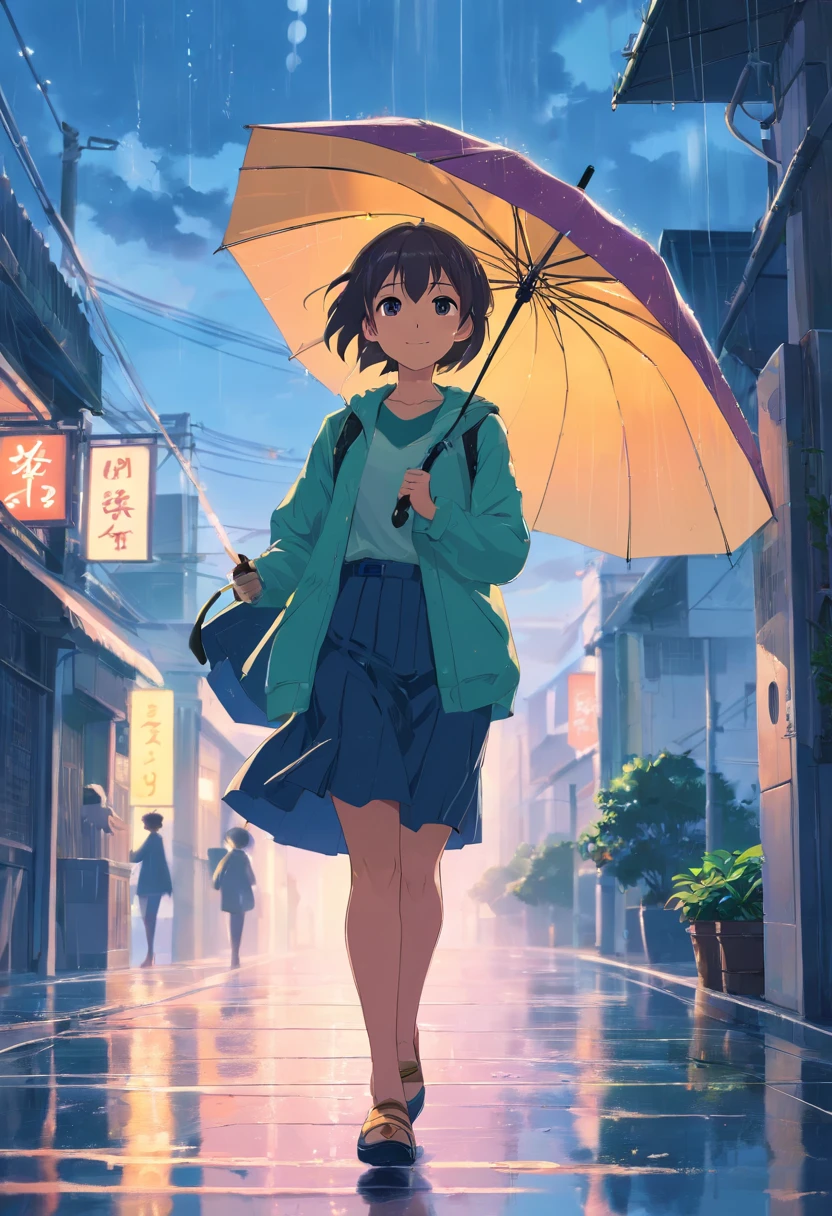 Sky after rain,A plant,Umbrella girl,cheerfulness,long skirt