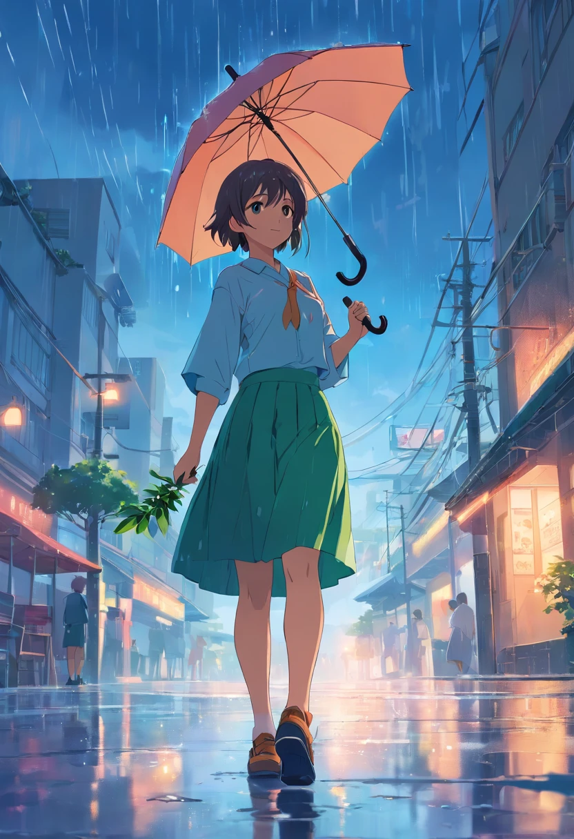 A woman walking down a street holding an umbrella in the rain - SeaArt AI