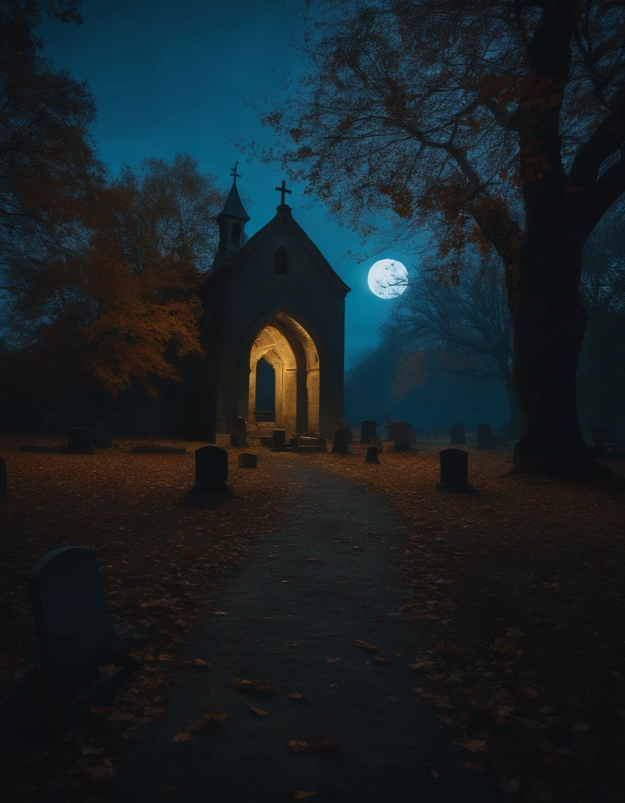 realistic, spooky graveyard, blue moonlight , autumn, old trees, paths, old buildings
