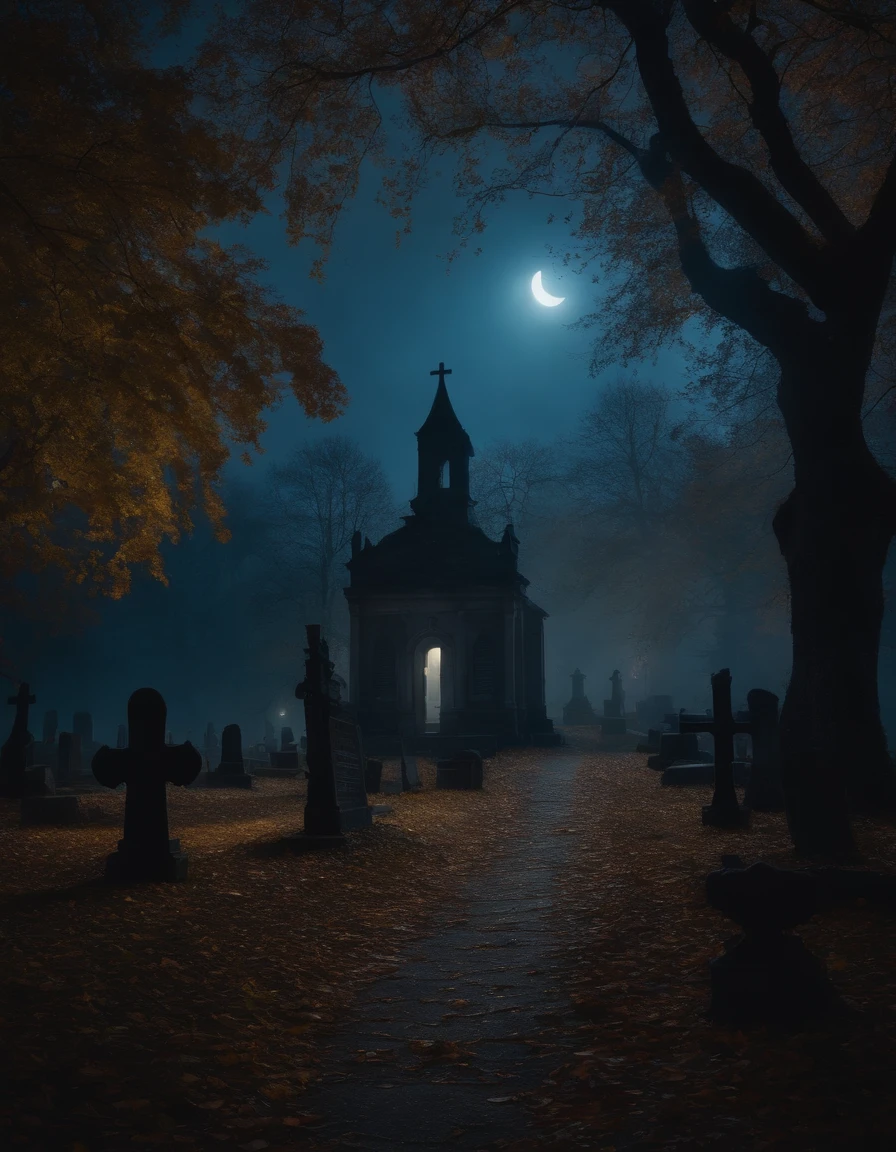 realistic, spooky graveyard, blue moonlight , autumn, old trees, paths, old buildings
