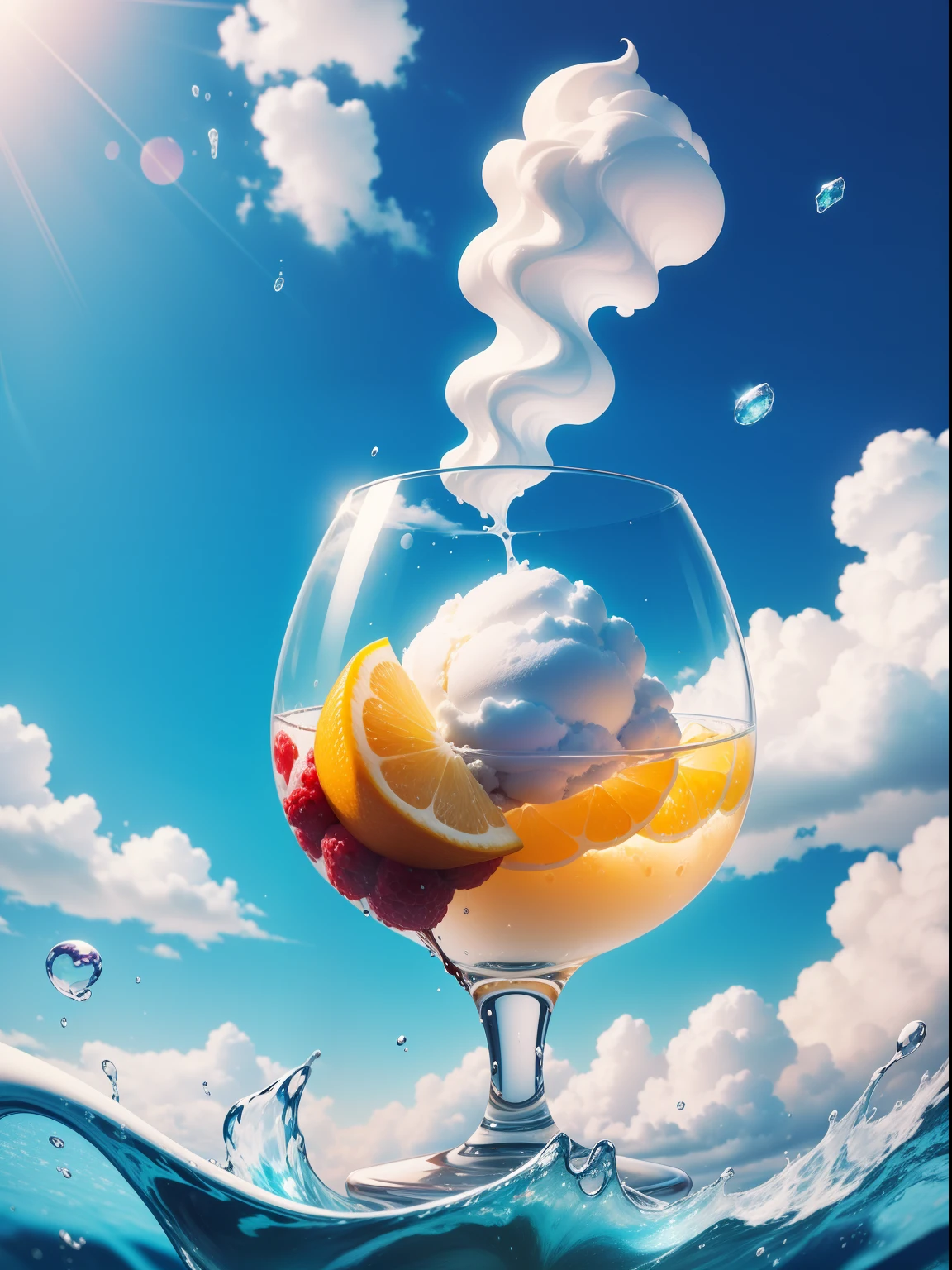 goblet,icecream,the fruits,ice cubes,Splashing water,with blue sky and white clouds