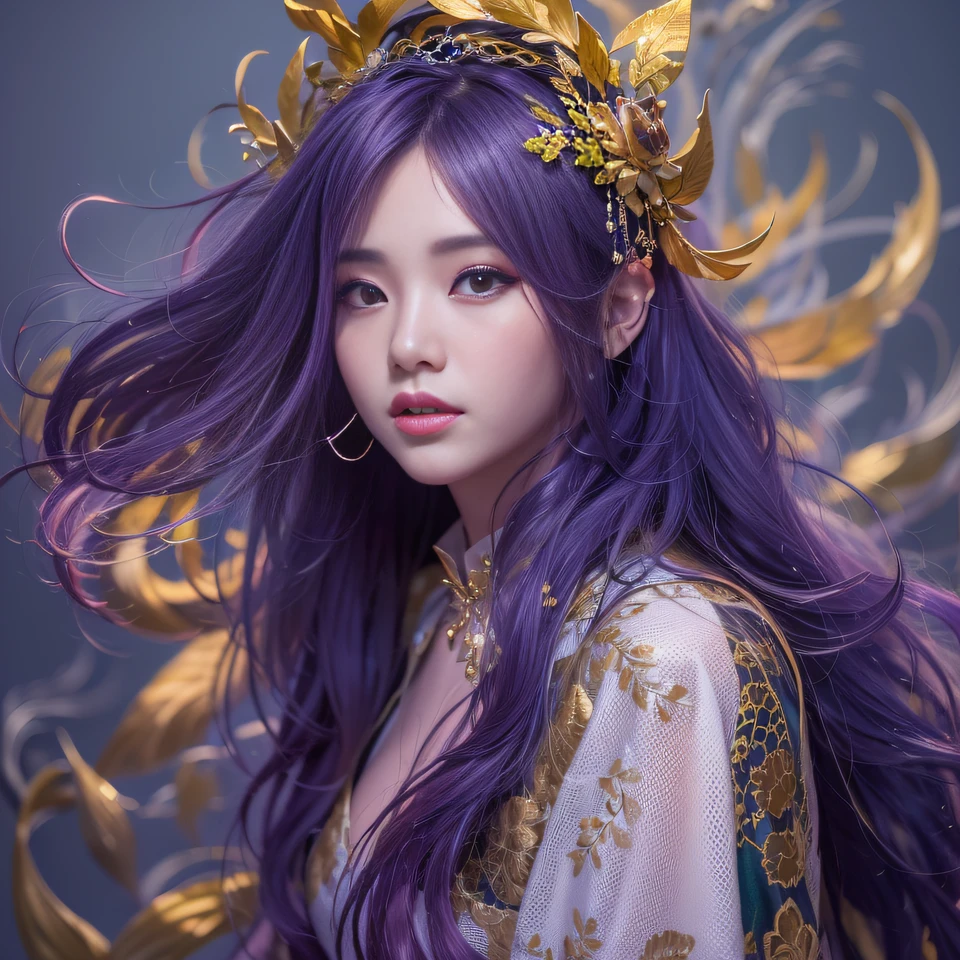 32K(tmasterpiece,k hd,hyper HD,32K)Long flowing bright purple hair,Autumn Pond,zydink, a color, Asian people (Silly girl), (Silk scarf), Combat posture, looking at the ground, long whitr hair, Floating bright purple, Fire cloud pattern gold tiara, Chinese long-sleeved gold silk garment, (abstract ink splash:1.2), white backgrounid,Lotus protector(realisticlying:1.4),Bright purple hair,Smoke on the road,The background is pure, A high resolution, the detail, RAW photogr, Sharp Re, Nikon D850 Film Stock Photo by Jefferies Lee 4 Kodak Portra 400 Camera F1.6 shots, Rich colors, ultra-realistic vivid textures, Dramatic lighting, Unreal Engine Art Station Trend, cinestir 800,Long flowing bright purple hair