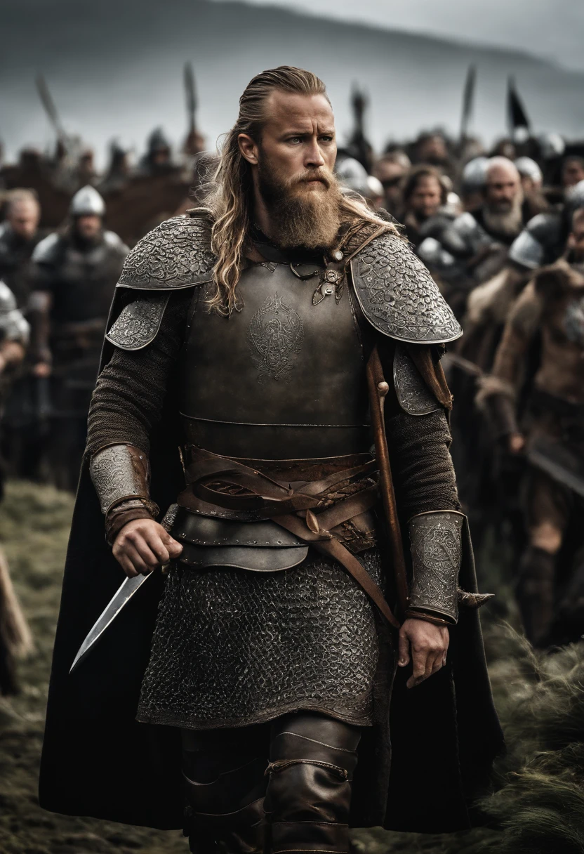imagem ultra-realista de Ragnar Lothbrok, The legendary Norse warrior, in all its glory. He's standing on a battlefield, vestindo uma armadura detalhada e intrincada, made of darkened metal with engraved Nordic runes. A armadura brilha sob a luz do sol, mostrando sinais de batalhas anteriores, with small scratches and marks. A sword of Ragnar is desembainhada, with the sharp blade reflecting the surrounding environment.
Ragnar's face is a perfect representation of his courage and experience. Ele tem barba e cabelos longos, todos meticulosamente detalhados, with individual visible wires. His eyes express determination and intensity, while his wrinkles tell the story of many battles won. A pele de seu rosto mostra cicatrizes de lutas passadas, highlighting his strength and tenacity.
Ao fundo, The battlefield stretches as far as the eye can see, with Viking banners fluttering in the wind and your warriors preparing for battle. The sky is dramatic and full of clouds, creating a striking contrast with the Norse hero in the foreground.
The image is so realistic that every detail of the armor, of Ragnar's hair and battlefield elements is visible in high definition, creating an epic and authentic representation of this legendary warrior.