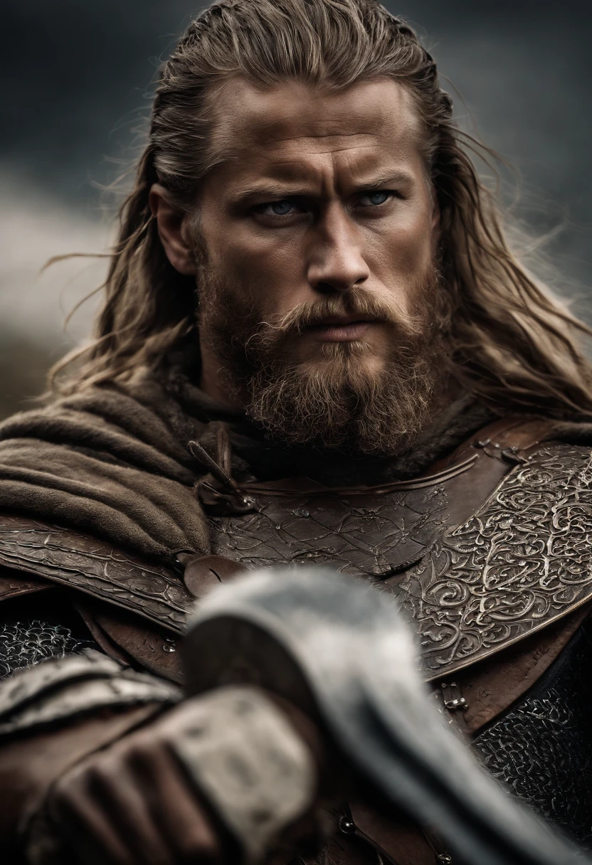 imagem ultra-realista de Ragnar Lothbrok, The legendary Norse warrior, in all its glory. He's standing on a battlefield, vestindo uma armadura detalhada e intrincada, made of darkened metal with engraved Nordic runes. A armadura brilha sob a luz do sol, mostrando sinais de batalhas anteriores, with small scratches and marks. A sword of Ragnar is desembainhada, with the sharp blade reflecting the surrounding environment.
Ragnar's face is a perfect representation of his courage and experience. Ele tem barba e cabelos longos, todos meticulosamente detalhados, with individual visible wires. His eyes express determination and intensity, while his wrinkles tell the story of many battles won. A pele de seu rosto mostra cicatrizes de lutas passadas, highlighting his strength and tenacity.
Ao fundo, The battlefield stretches as far as the eye can see, with Viking banners fluttering in the wind and your warriors preparing for battle. The sky is dramatic and full of clouds, creating a striking contrast with the Norse hero in the foreground.
The image is so realistic that every detail of the armor, of Ragnar's hair and battlefield elements is visible in high definition, creating an epic and authentic representation of this legendary warrior.