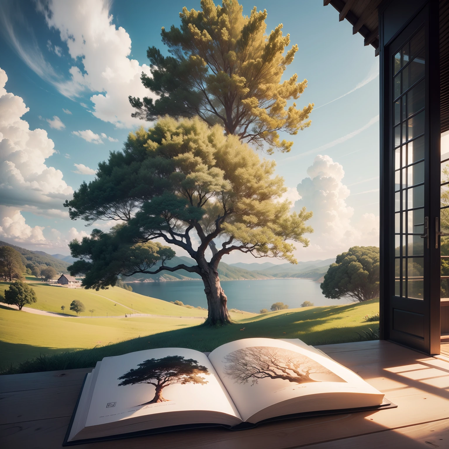 arte conceitual, Samia, tree, Landscape, Cloud, ao ar livre, aquila, riacho, heaven, heaven, heaven, montanha, grama, Natureza, estilo mksks, melhor qualidade, perfeito , preto e branco, pagina de livro para colorir