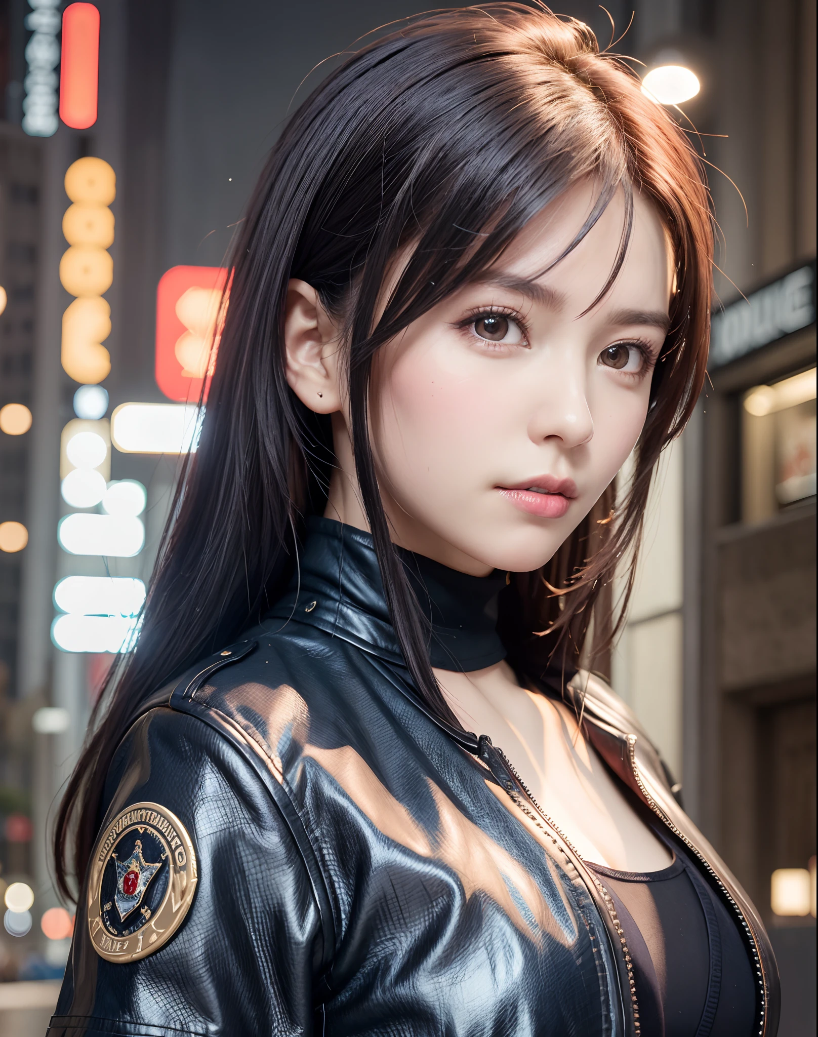 Portrait of Embhuhaiz, Beautiful face, in cyberpunk city at night. She wears a leather open jacket,lingerie, Dramatic Lighting, (police badge:1.2).Sexy female policeman