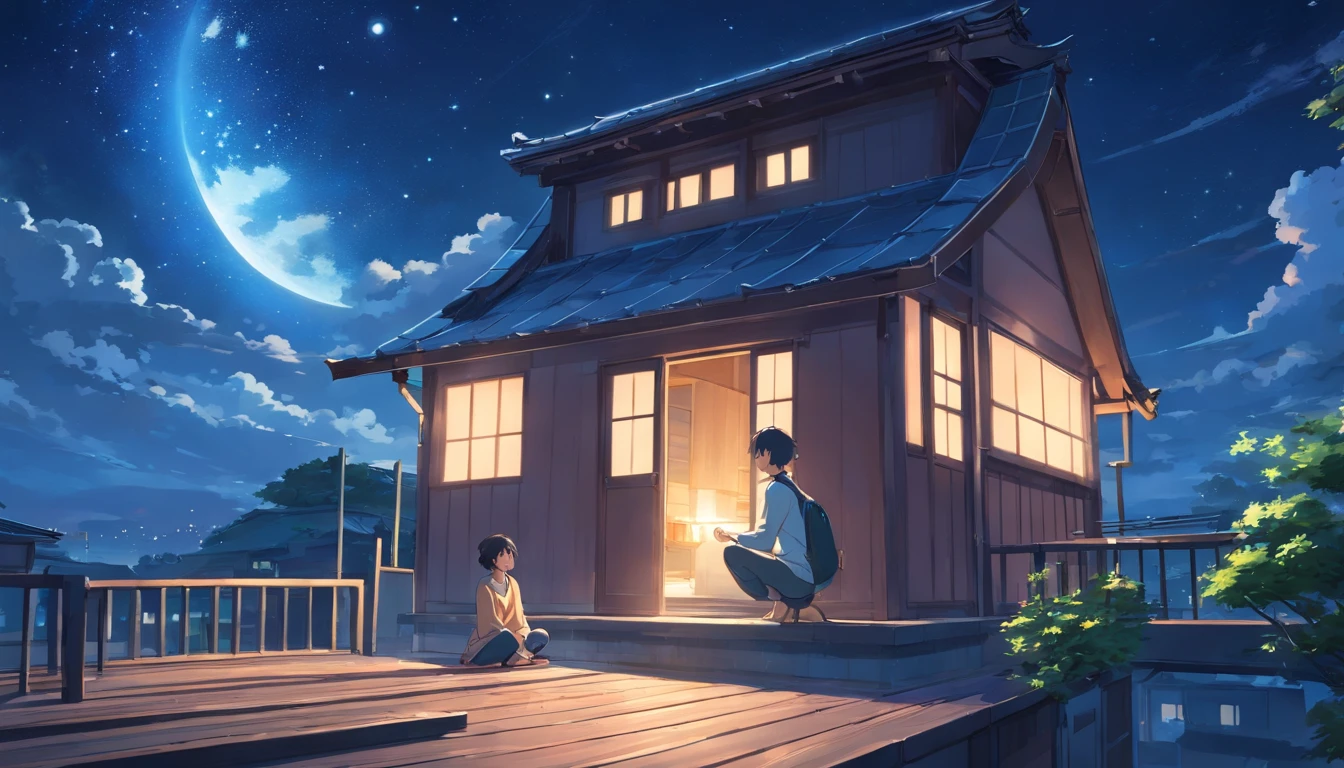 a boy meditating on the roof of his house, starry sky,illustration,highres,(best quality:1.2),ultra-detailed,(realistic:1.37),peaceful atmosphere,yoga pose,spiritual journey,quiet contemplation,silhouette effect,tranquil night,reflection of the moon's light,serene and calm,sitting cross-legged,self-discovery,enlightenment,deep breathing,harmonious connection with the universe,gentle breeze,serendipity,stillness of the mind,harmony with nature,thoughtful expression,moonlit clouds,inner peace,moonlit rooftop,calmness and tranquility,moonlit scenery,serene dreamlike experience,serenity in solitude,peaceful inner world,ethereal atmosphere,moonlit ambiance,inner balance,moonlit meditation,quiet solitude,starry night sky