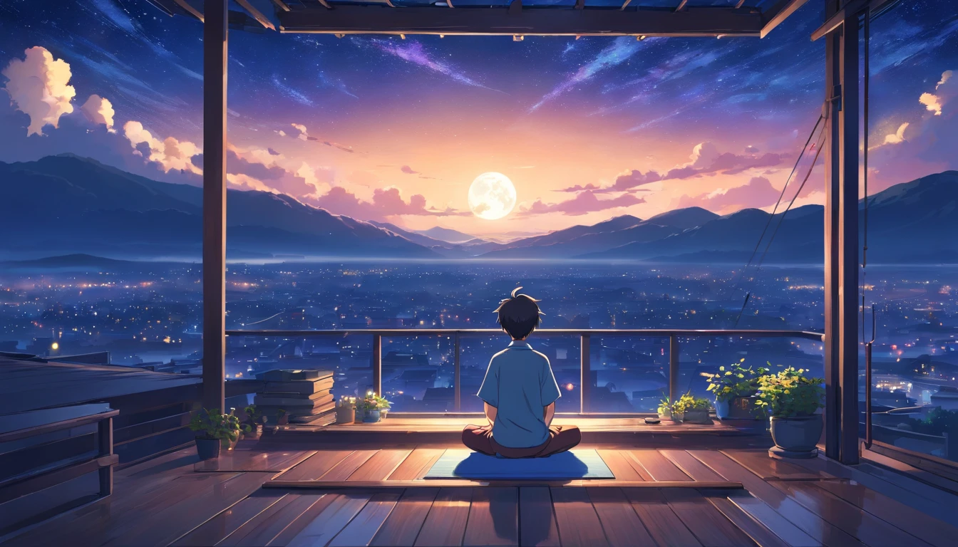 a boy meditating on the roof of his house, starry sky,illustration,highres,(best quality:1.2),ultra-detailed,(realistic:1.37),peaceful atmosphere,yoga pose,spiritual journey,quiet contemplation,silhouette effect,tranquil night,reflection of the moon's light,serene and calm,sitting cross-legged,self-discovery,enlightenment,deep breathing,harmonious connection with the universe,gentle breeze,serendipity,stillness of the mind,harmony with nature,thoughtful expression,moonlit clouds,inner peace,moonlit rooftop,calmness and tranquility,moonlit scenery,serene dreamlike experience,serenity in solitude,peaceful inner world,ethereal atmosphere,moonlit ambiance,inner balance,moonlit meditation,quiet solitude,starry night sky