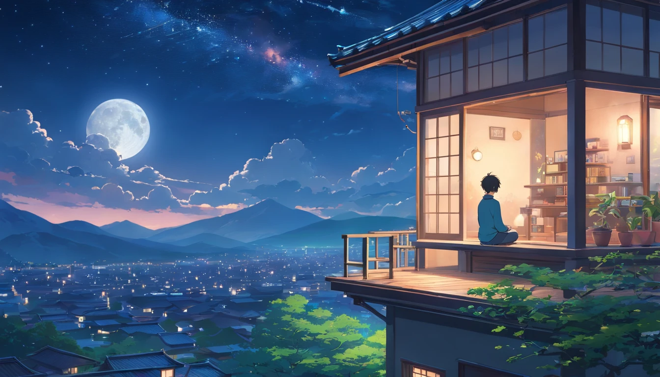 a boy meditating on the roof of his house, starry sky,illustration,highres,(best quality:1.2),ultra-detailed,(realistic:1.37),peaceful atmosphere,yoga pose,spiritual journey,quiet contemplation,silhouette effect,tranquil night,reflection of the moon's light,serene and calm,sitting cross-legged,self-discovery,enlightenment,deep breathing,harmonious connection with the universe,gentle breeze,serendipity,stillness of the mind,harmony with nature,thoughtful expression,moonlit clouds,inner peace,moonlit rooftop,calmness and tranquility,moonlit scenery,serene dreamlike experience,serenity in solitude,peaceful inner world,ethereal atmosphere,moonlit ambiance,inner balance,moonlit meditation,quiet solitude,starry night sky