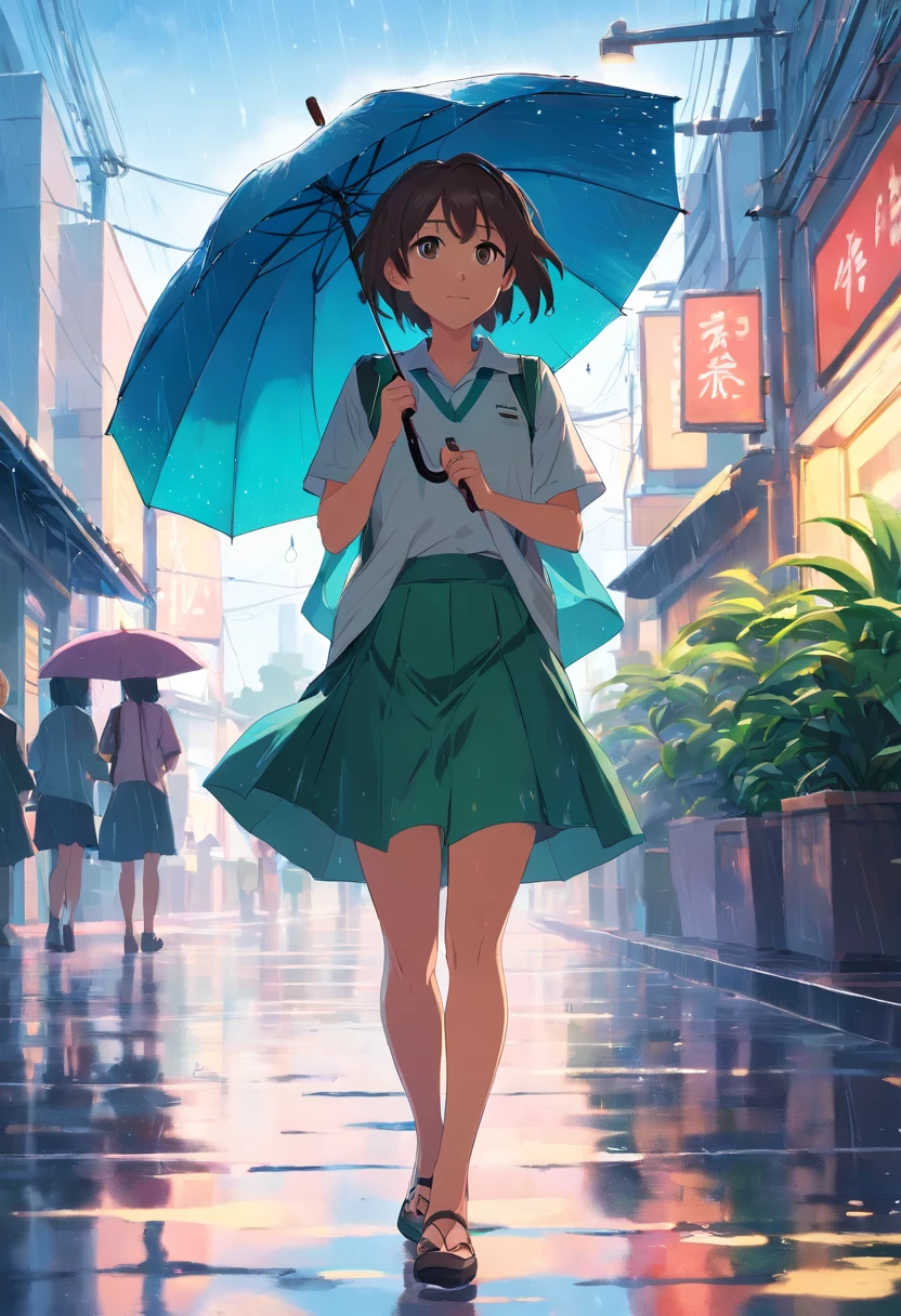 Sky after rain，A plant，Umbrella girl，cheerfulness，long  skirt
