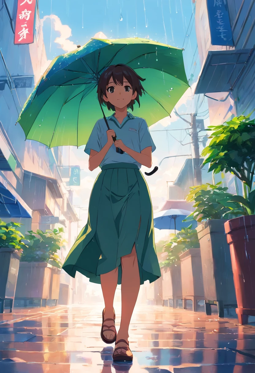 Sky after rain,A plant,Umbrella girl,cheerfulness,long skirt