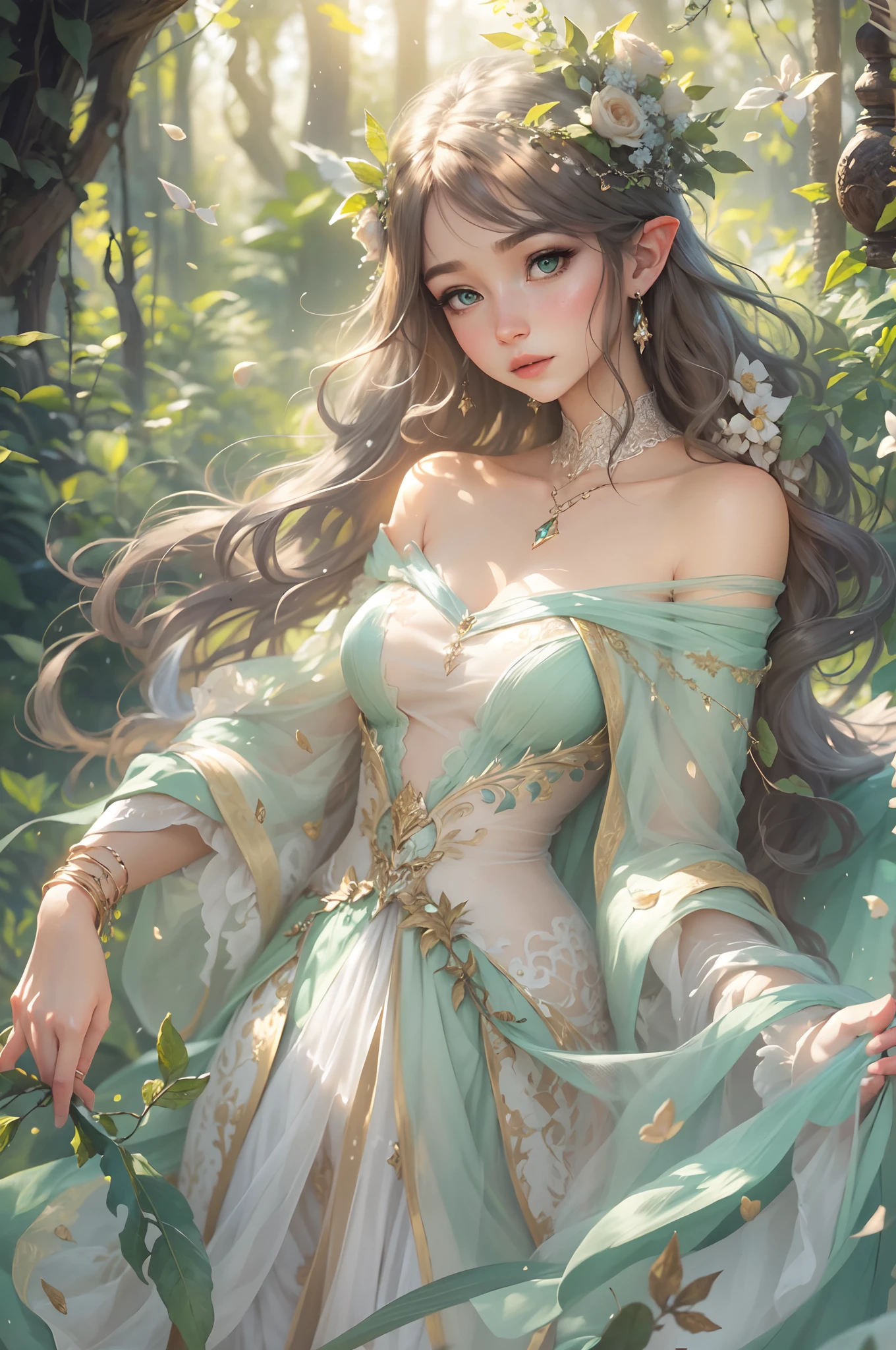 (best quality,4k,highres,masterpiece:1.2),beautiful detailed green eyes,long black hair,Elven ears,beautiful girl in a dress,fantasy style,illustration,dreamlike atmosphere,vibrant colors,soft lighting,enchanted garden,flowing hair,detailed facial features,ethereal beauty,graceful pose,vivid emotions,peaceful expression,nature-inspired background,magical elements,whimsical details,subtle glow,impressive attention to detail,fine brushwork,ethereal atmosphere,mystical ambiance,delicate fabrics,graceful movements,lush vegetation,magical lighting,graceful and flowing lines,subtle texture,storybook-like,serene and tranquil,sublime beauty,graceful and elegant,exquisite rendering,enchanted forest,elven realm,femininity and elegance,sublime and ethereal,magic and enchantment,romantic and mystical.