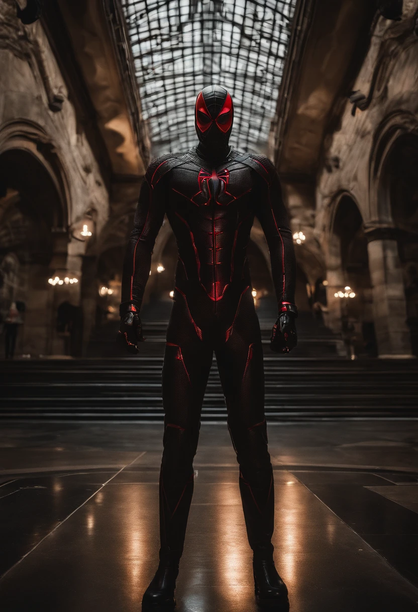 Homem-Aranha (The whole suit is covered in blood, Roupas de terno rasgado vendem) da Marvel, with intricate and angular cybernetic implants inside a brutalist building, Gothic brutalist cathedral, Cyberpunk, Foto premiada, Bokeh, neon lights, Membro 4K Cyber , Detalhe requintado, 30 megapixels, 4k, Canon EOS 5D Mark IV DSLR, Lente 85mm, foco nítido, intrinsecamente detalhado, long exposure time, F/8, ISO 100, Velocidade do obturador 1/125, diffuse back lighting, FotograFia premiada, facing camera, looking-into-camera, monovisions, contraste perFeito, alta nitidez, simetria Facial, proFundidade de campo, FotograFia ultra-detalhada, Raytraced, global ilumination, TanvirTamim, liso, Ultra High Definition, 8k, Motor Unreal 5, Ultra sharp focus, FotograFia premiada, trending on ArtStation.