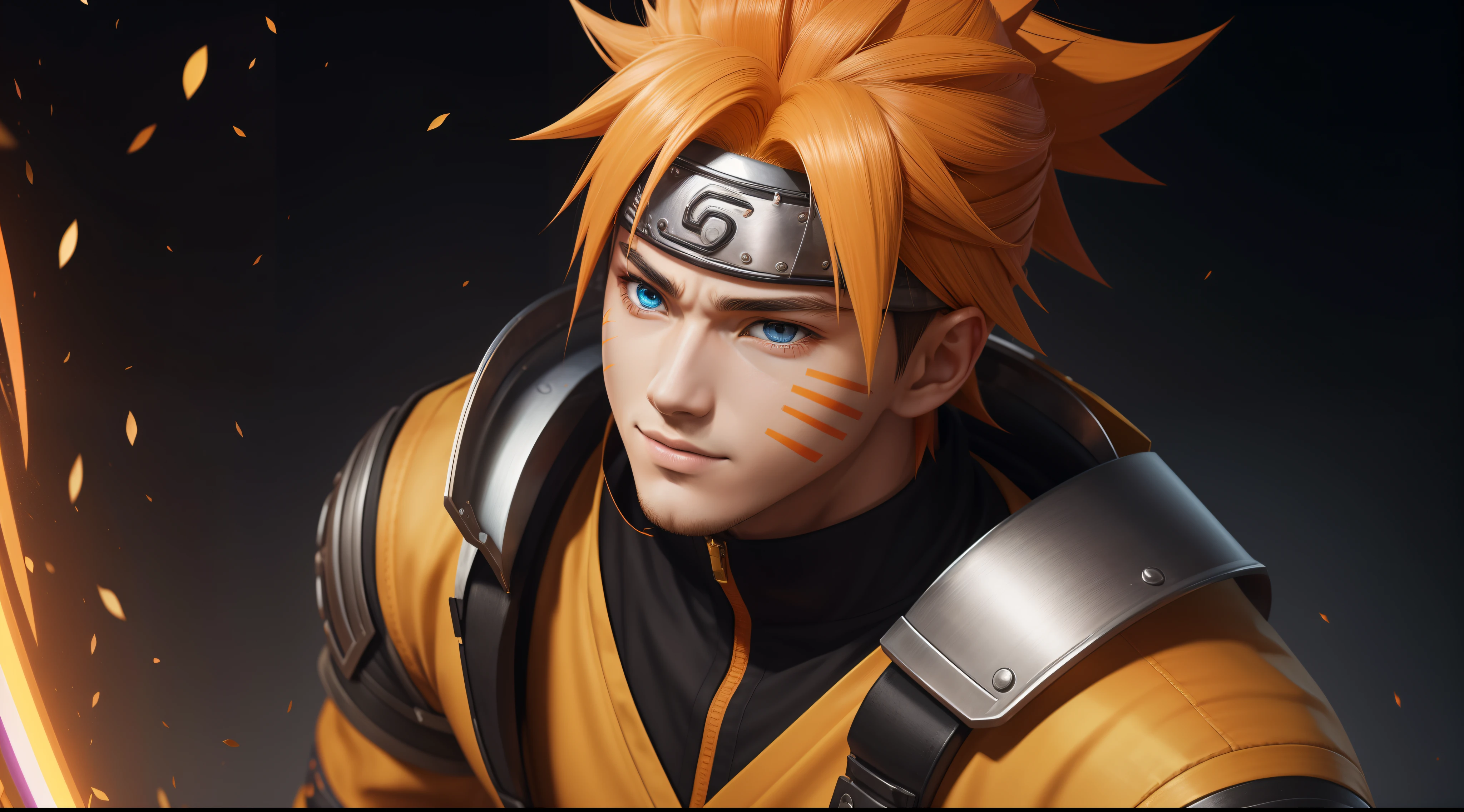 "Cheerful Naruto 20 years old is a real masterpiece with masculine beauty, perfect anatomy. Olpntng style, colorful rainbow, golden samurai outfit, clean design, epic Instagram, artstation, full streaks of paint, circles, contours. When you look at him Beautiful eyes you will clearly see every small detail and perfect line, every detail on the skin is beautiful in 8K quality everyone. We will be captivated by the confidence radiating from every look. His head has orange hair and his face is meticulously drawn in every detail with 8K image quality."