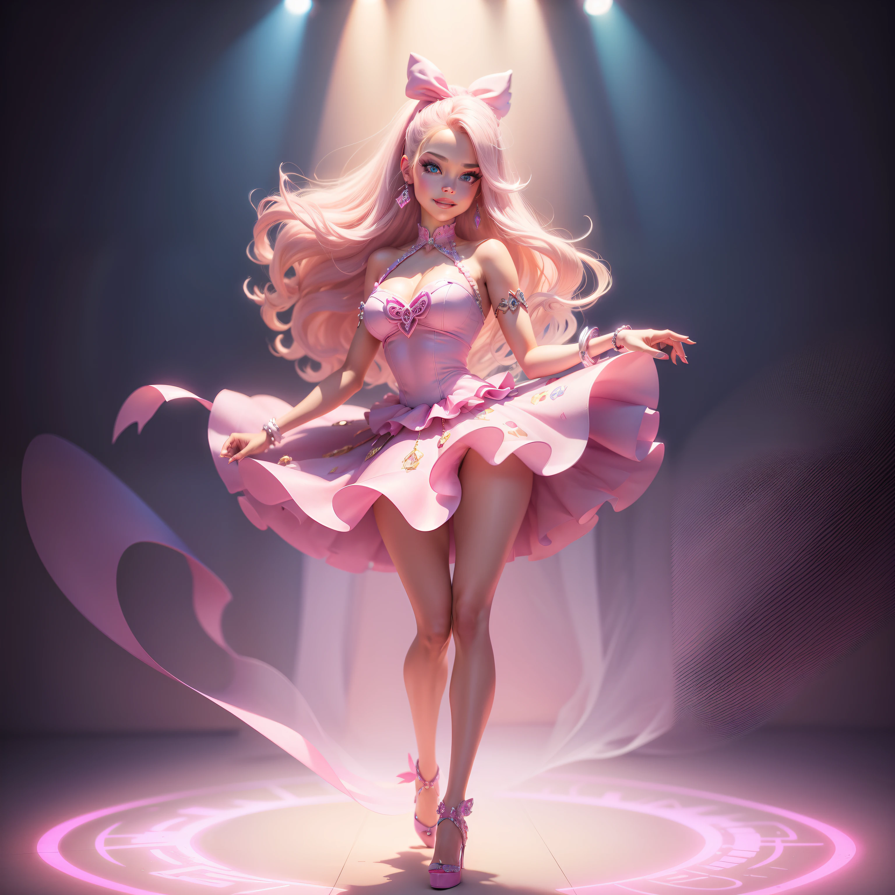 Barbie, ((Full body)), Blue eyes, Smiling face, Hair loss swaying in the wind, Hip Hop Singer Pose, Dressed in hip-hop style, Wearing a pink dress that reflects light,swarovski,pasties,With a pink bow on the arm, Fashion, Extremely high quality, high details, 8K, clean back ground, in studio, ((Full body shot)),Fingers are realistic,Accurate Hand Modeling,