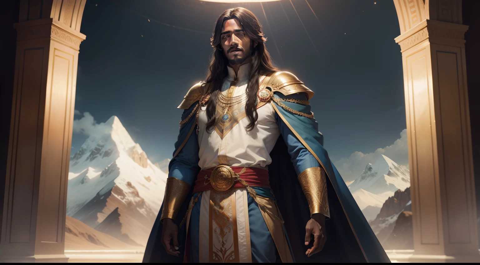 Photograph of a very handsome man, King Solomon, with long hair, brown skin color, blue eyes, full body, centered face, detailed snap
.cinema effect, background image mountains