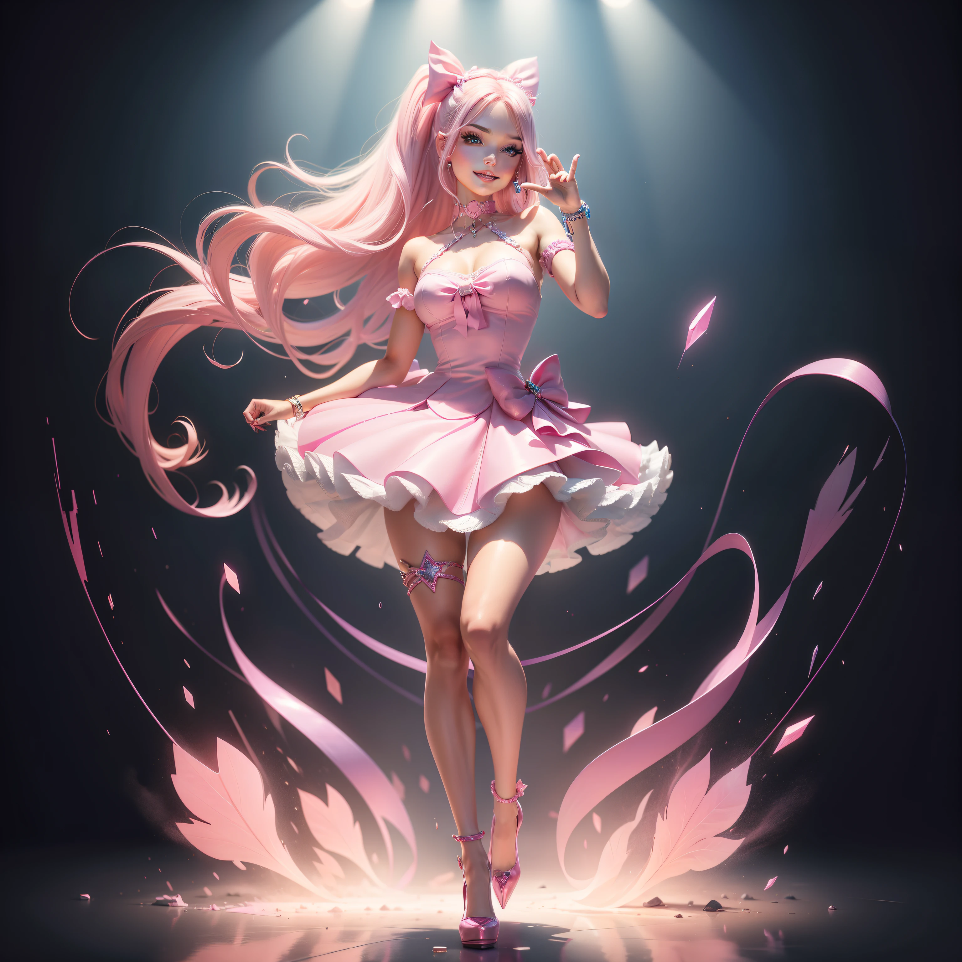 Barbie, ((Full body)), Blue eyes, Smiling face, Hair loss swaying in the wind, Hip Hop Singer Pose, Dressed in hip-hop style, Wearing a pink dress that reflects light,swarovski,pasties,With a pink bow on the arm, Fashion, Extremely high quality, high details, 8K, clean back ground, in studio, ((Full body shot)),Fingers are realistic,Accurate Hand Modeling,