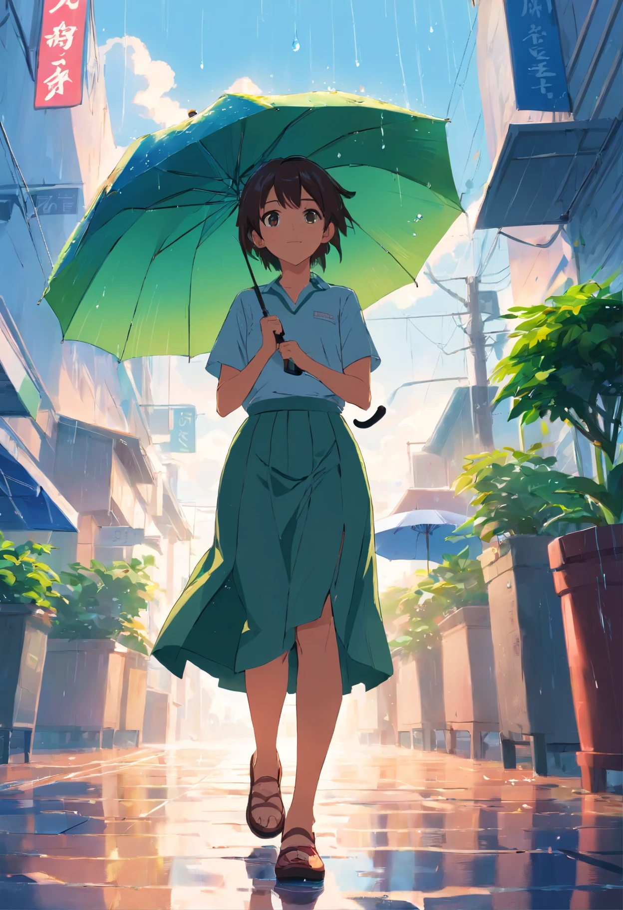 Sky after rain,A plant,Umbrella girl,cheerfulness,long skirt