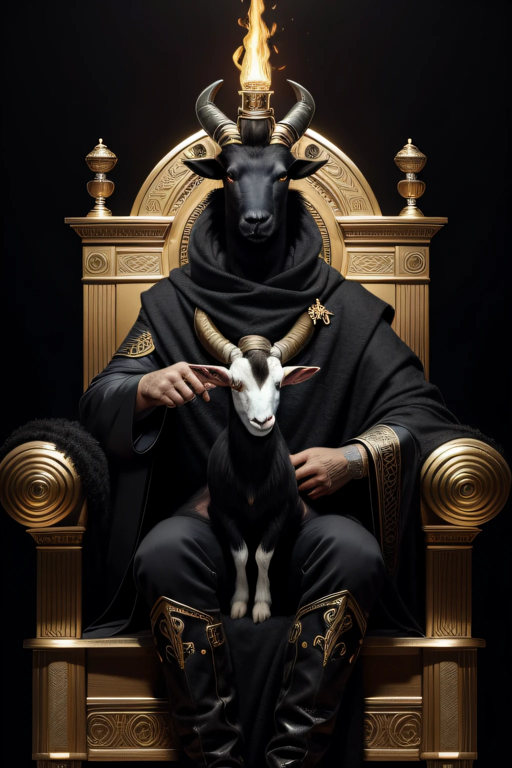 Hybrid man with man's body and goat's head, imagem hiper detalhada, ele esta sentado em um trono de fogo e tem muito ouro em volta, your hyperdetailed hand and fingers, your eyes are red, sorriso de poder, He owns the world, seu copo aparece por completo sentado no seu trono de fogo. is to give black color, but his head is that of a black animal goat.