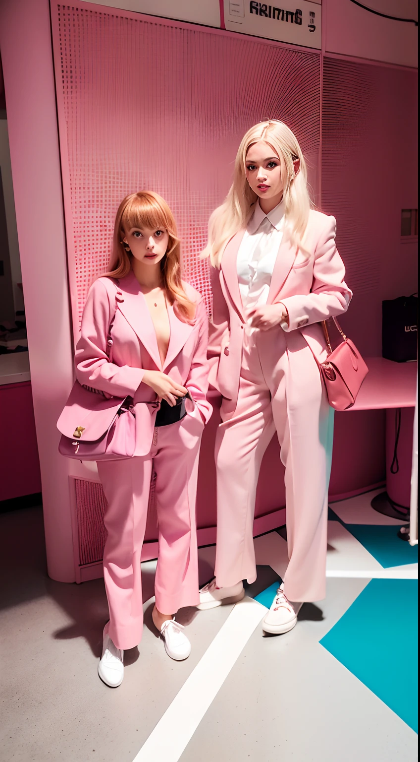 Two women stand next to a sign in the building, in a light pink suit, The style of Yulia Razumova, by Emma Andijewska, Bright trouser suit for rave, dasha taran, cyan and magenta, viktoria gavrilenko, highly fashionable, Ao fundo, mario dubski, S4