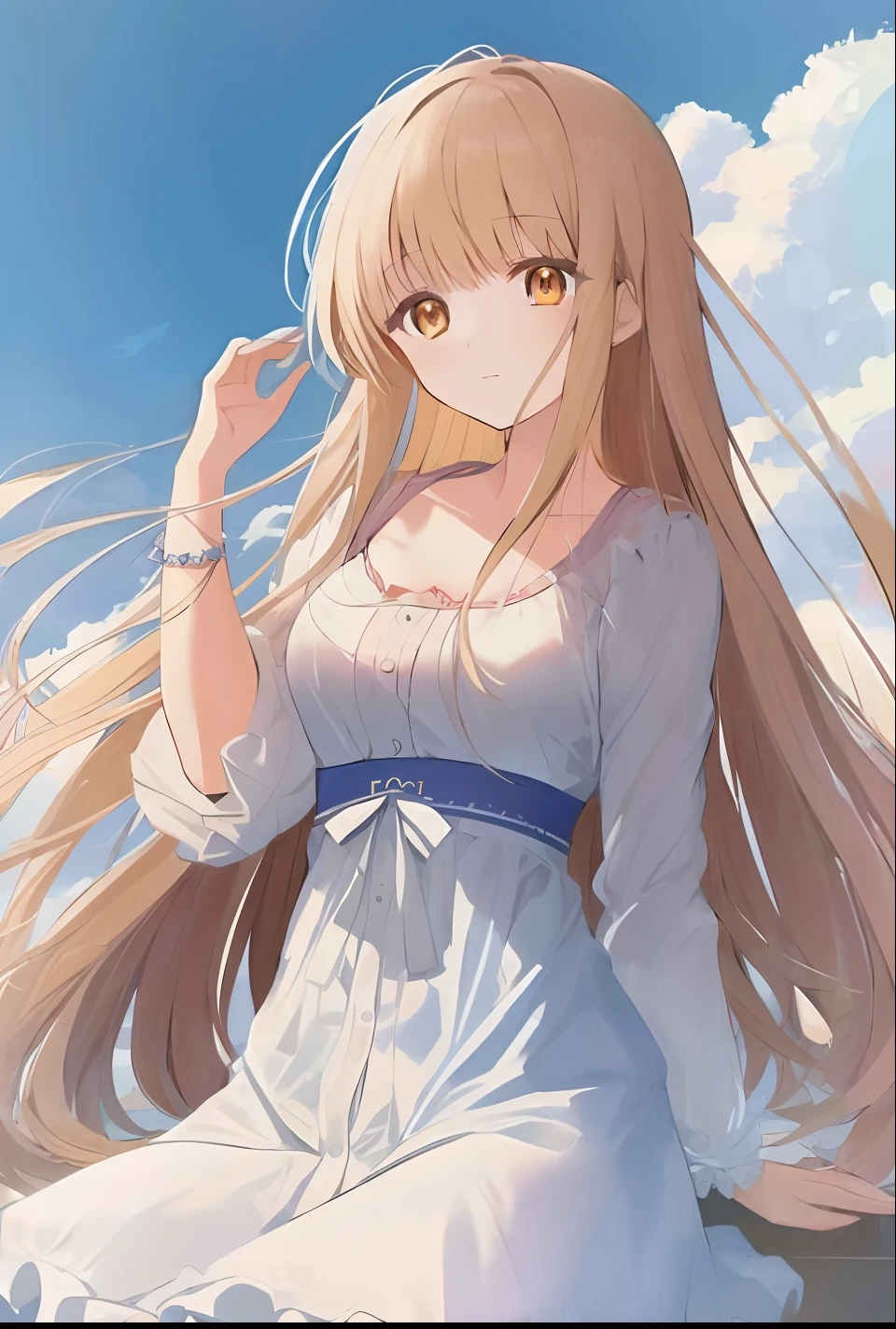 anime girl with long hair sitting on a ledge in a white dress, blonde anime girl with long hair, anime girl with long hair, anime visual of a cute girl, beautiful anime girl, anime best girl, smooth anime cg art, cute anime waifu in a nice dress, pretty anime girl, loli in dress, (anime girl), attractive anime girl
