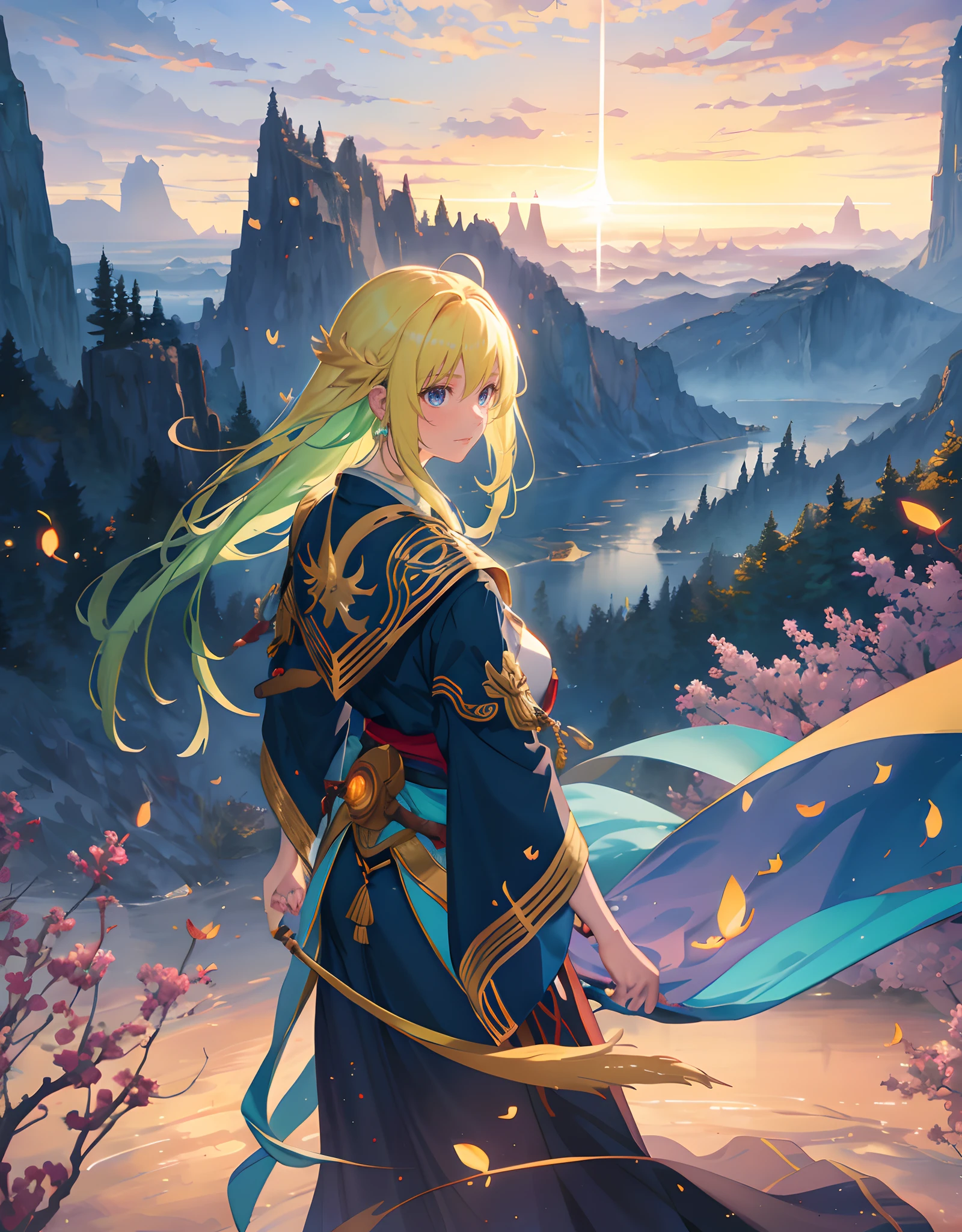 ancient fantasy world, ancient land above clouds in the sunset background masterpiece, tall cliff, rule of third, human walking back (artstation, pinterest, human :0.8), beautiful art uhd 4k, 4k hd wallpaper very detailed, extraordinary colorful landscape, 4k highly detailed digital art, landscape wallpaper, scenic colorful environment, fantastic landscape, 8k high quality detailed art, majestic nature scenery, detailed painting 4k, epic beautiful landscape, natural landscape beauty, Landscape, lots of glow particle, fireflies, very many lots of fireflies, makoto shinkai cyril rolando, kimi no nawa meteor, anime art wallpaper 8k, Top quality masterpiece, deep focus, macro shot, lots lamp, falling leaf, glowing light, object, color combination masterpiece, glowing light, dark, reflection, beautiful anime scene, japanese concept landscape art, volumetric lighting, bokeh, anime beautiful peace scene, pure lanscape, 8k beautiful anime, intricate, elegant, point of interest photography, anime (masterpiece, lighting, finely detailed), colorful sky, ray of light, rule of third, colorful landscape, (dew, water : 0.2), Fog, Colorful Natural Lighting Masterpiece, ( all nature element is glowing light : 1.2)