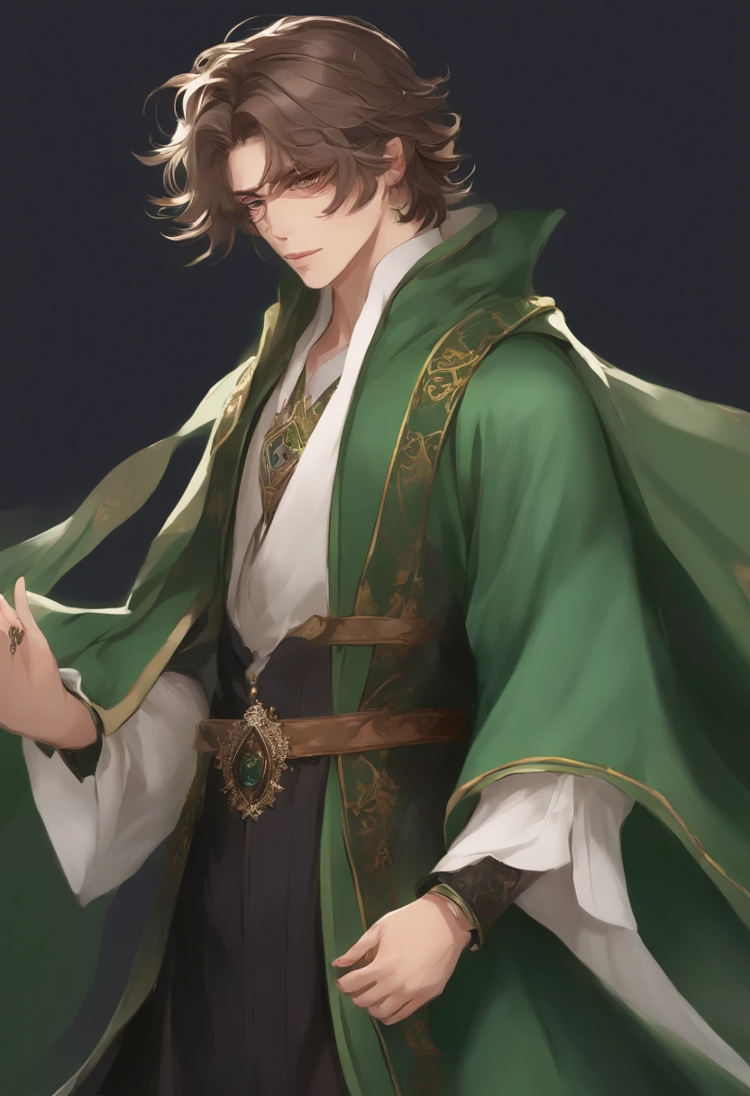 Anime - imagem de estilo de um homem vestido com uma capa verde e uma capa verde, casimiro arte, Beautiful androgynous prince, cara bonito na arte demon slayer, picture of a male cleric, official character illustration, delicate androgynous prince, Inspirado em Kris de Deltarrune, Arte Oficial, arte oficial do personagem, dressed like a cleric