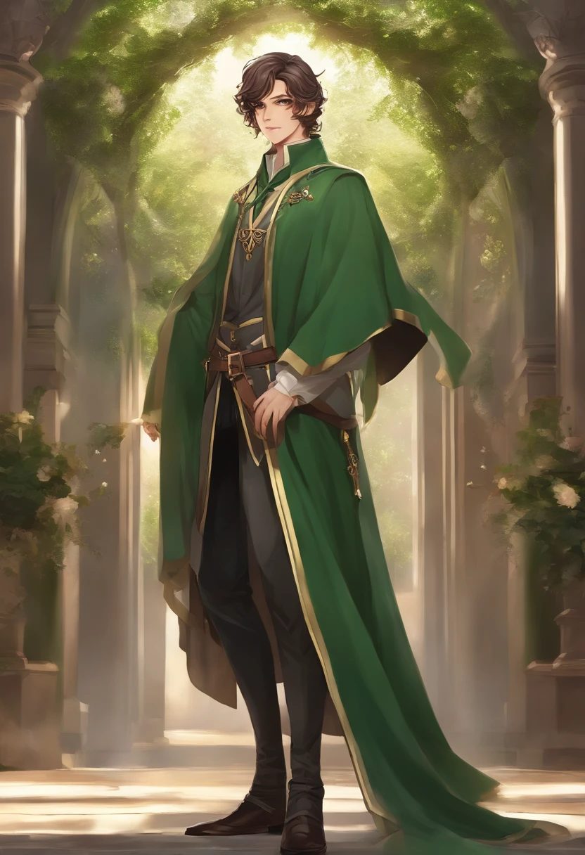 Anime - imagem de estilo de um homem vestido com uma capa verde e uma capa verde, casimiro arte, Beautiful androgynous prince, cara bonito na arte demon slayer, picture of a male cleric, official character illustration, delicate androgynous prince, Inspirado em Kris de Deltarrune, Arte Oficial, arte oficial do personagem, dressed like a cleric