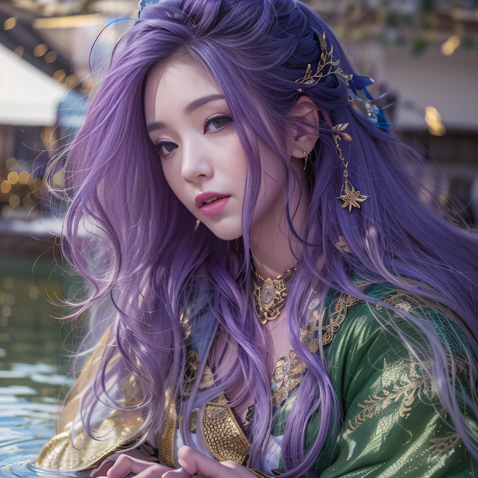 32K（tmasterpiece，k hd，hyper HD，32K）Long flowing bright purple hair，Autumn Pond，zydink， a color， Asian people （Kizi）， （Red scarf）， Combat posture， looking at the ground， long whitr hair， Floating bright purple， Fire cloud pattern gold tiara， Chinese long-sleeved gold silk garment， （abstract ink splash：1.2）， white backgrounid，Lotus protector（realisticlying：1.4），Bright purple hair，Smoke on the road，The background is pure， A high resolution， the detail， RAW photogr， Sharp Re， Nikon D850 Film Stock Photo by Jefferies Lee 4 Kodak Portra 400 Camera F1.6 shots, Rich colors, ultra-realistic vivid textures, Dramatic lighting, Unreal Engine Art Station Trend, cinestir 800，Long flowing bright purple hair