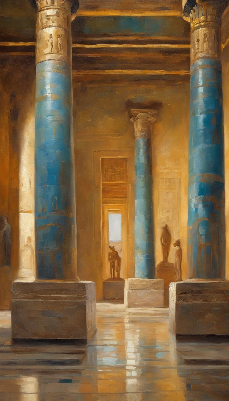 Explore the opulence of an ancient Egyptian palace with hieroglyphics, marble columns, and golden statues.